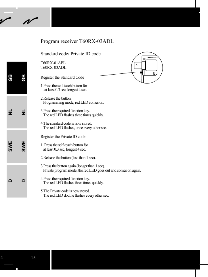 14 15Program receiver T60RX-03ADLStandard code/ Private ID codeT60RX-01APLT60RX-03ADLRegister the Standard Code 1.Press the self-teach button for   -at least 0.3 sec, longest 4 sec.2.Release the button.   Programming mode, red LED comes on.3.Press the required function key.   The red LED ﬂ ashes three times quickly.4.The standard code is now stored.   The red LED ﬂ ashes, once every other sec. Register the Private ID code1. Press the self-teach button for   at least 0.3 sec, longest 4 sec.2.Release the button (less than 1 sec).3.Press the button again (longer than 1 sec).   Private program mode, the red LED goes out and comes on again.4.Press the required function key.   The red LED ﬂ ashes three times quickly.5.The Private code is now stored.   The red LED double ﬂ ashes every other sec.GBNLSWEDGBNLSWED