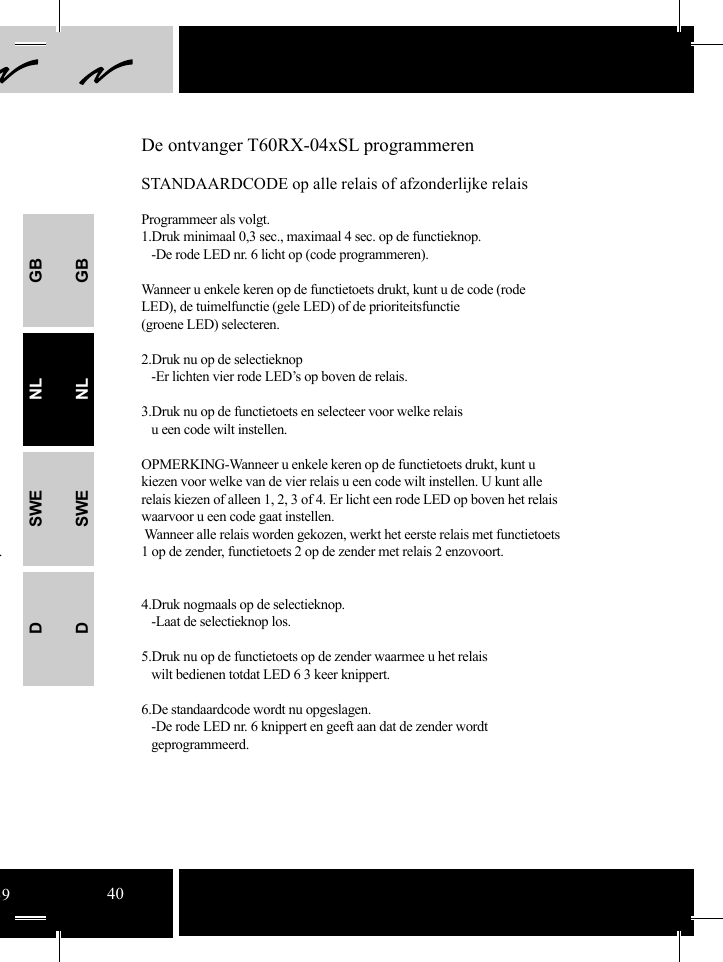 GBNLSWEDGBNLSWED.De ontvanger T60RX-04xSL programmerenSTANDAARDCODE op alle relais of afzonderlijke relaisProgrammeer als volgt.1.Druk minimaal 0,3 sec., maximaal 4 sec. op de functieknop.   -De rode LED nr. 6 licht op (code programmeren). Wanneer u enkele keren op de functietoets drukt, kunt u de code (rode LED), de tuimelfunctie (gele LED) of de prioriteitsfunctie (groene LED) selecteren.2.Druk nu op de selectieknop    -Er lichten vier rode LED’s op boven de relais.  3.Druk nu op de functietoets en selecteer voor welke relais   u een code wilt instellen.OPMERKING-Wanneer u enkele keren op de functietoets drukt, kunt u kiezen voor welke van de vier relais u een code wilt instellen. U kunt alle relais kiezen of alleen 1, 2, 3 of 4. Er licht een rode LED op boven het relais waarvoor u een code gaat instellen.   Wanneer alle relais worden gekozen, werkt het eerste relais met functietoets 1 op de zender, functietoets 2 op de zender met relais 2 enzovoort.4.Druk nogmaals op de selectieknop.    -Laat de selectieknop los. 5.Druk nu op de functietoets op de zender waarmee u het relais    wilt bedienen totdat LED 6 3 keer knippert. 6.De standaardcode wordt nu opgeslagen.   -De rode LED nr. 6 knippert en geeft aan dat de zender wordt       geprogrammeerd.3940