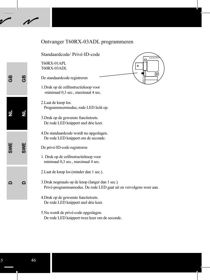 GBNLSWEDGBNLSWEDOntvanger T60RX-03ADL programmerenStandaardcode/ Privé-ID-codeT60RX-01APLT60RX-03ADLDe standaardcode registreren 1.Druk op de zelﬁ nstructieknop voor   -minimaal 0,3 sec., maximaal 4 sec.2.Laat de knop los.   Programmeermodus, rode LED licht op.3.Druk op de gewenste functietoets.   De rode LED knippert snel drie keer.4.De standaardcode wordt nu opgeslagen.   De rode LED knippert om de seconde. De privé-ID-code registreren1. Druk op de zelﬁ nstructieknop voor   minimaal 0,3 sec., maximaal 4 sec.2.Laat de knop los (minder dan 1 sec.).3.Druk nogmaals op de knop (langer dan 1 sec.).   Privé-programmamodus. De rode LED gaat uit en vervolgens weer aan.4.Druk op de gewenste functietoets.   De rode LED knippert snel drie keer.5.Nu wordt de privé-code opgeslagen.   De rode LED knippert twee keer om de seconde.4546