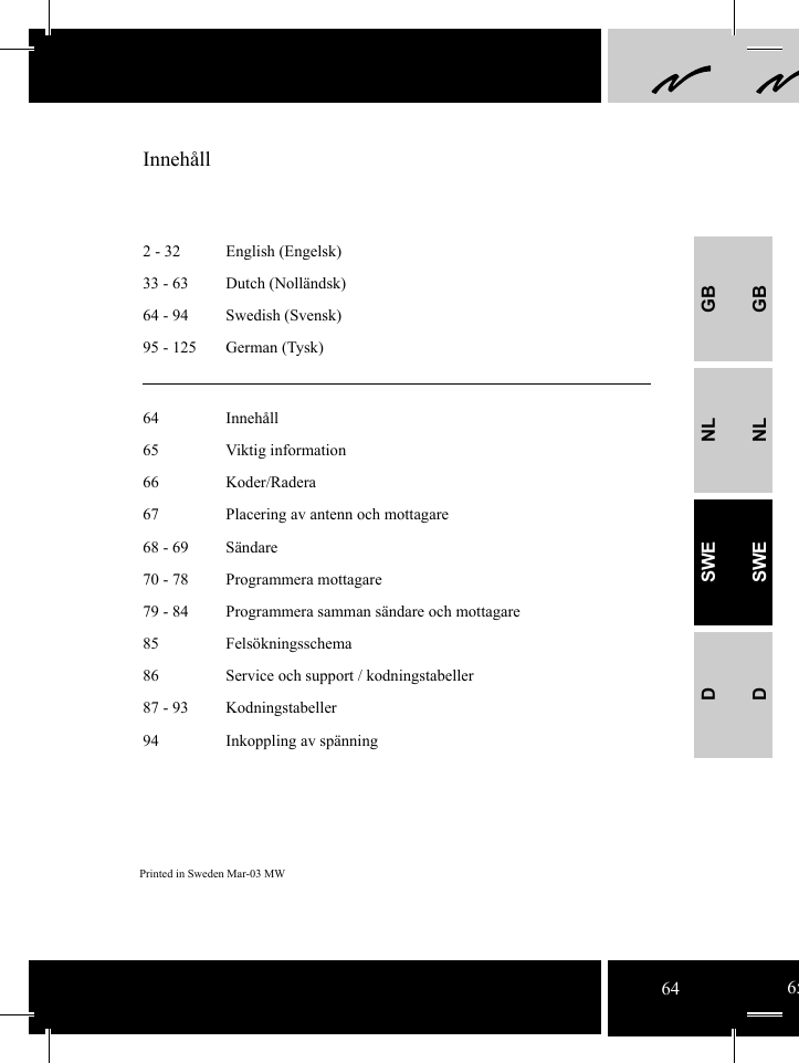 GBNLSWEDGBNLSWED2 - 32  English (Engelsk)33 - 63  Dutch (Nolländsk)64 - 94  Swedish (Svensk)95 - 125  German (Tysk)Printed in Sweden Mar-03 MW Innehåll64 Innehåll65 Viktig information66 Koder/Radera67  Placering av antenn och mottagare68 - 69  Sändare70 - 78  Programmera mottagare79 - 84  Programmera samman sändare och mottagare85 Felsökningsschema86  Service och support / kodningstabeller87 - 93  Kodningstabeller94  Inkoppling av spänning64 65