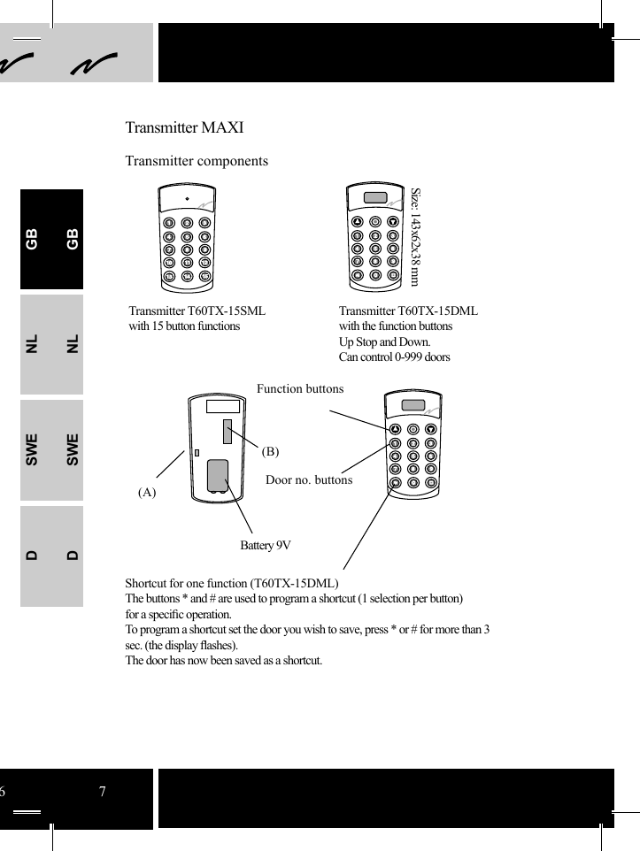 (B)(A)67Transmitter MAXITransmitter componentsTransmitter T60TX-15SMLwith 15 button functionsTransmitter T60TX-15DMLwith the function buttonsUp Stop and Down.Can control 0-999 doors Size: 143x62x38 mmFunction buttonsBattery 9VDoor no. buttonsShortcut for one function (T60TX-15DML)The buttons * and # are used to program a shortcut (1 selection per button) for a speciﬁ c operation.To program a shortcut set the door you wish to save, press * or # for more than 3 sec. (the display ﬂ ashes).The door has now been saved as a shortcut.GBNLSWEDGBNLSWED