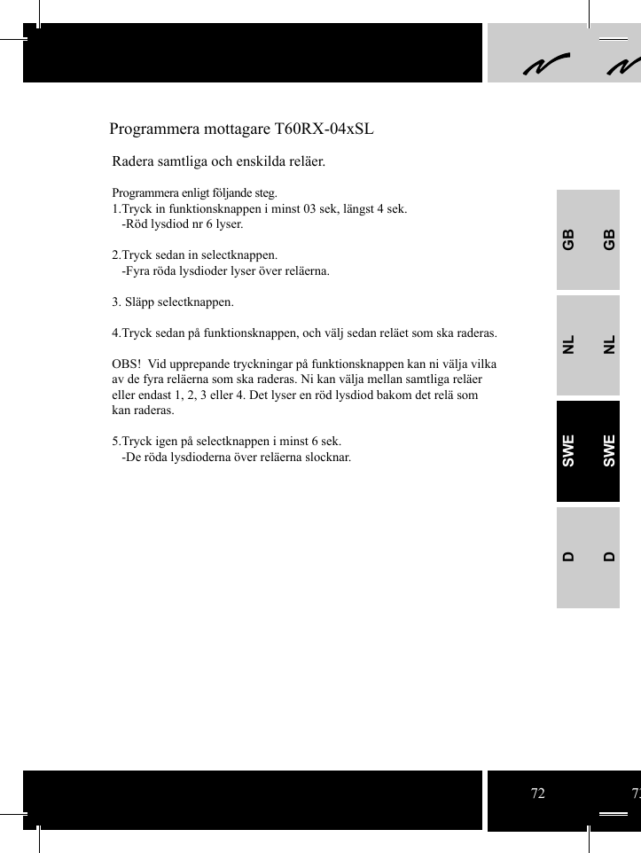 GBNLSWEDGBNLSWED Programmera mottagare T60RX-04xSLRadera samtliga och enskilda reläer.Programmera enligt följande steg.1.Tryck in funktionsknappen i minst 03 sek, längst 4 sek.   -Röd lysdiod nr 6 lyser.2.Tryck sedan in selectknappen.   -Fyra röda lysdioder lyser över reläerna.3. Släpp selectknappen.4.Tryck sedan på funktionsknappen, och välj sedan reläet som ska raderas.OBS!  Vid upprepande tryckningar på funktionsknappen kan ni välja vilka av de fyra reläerna som ska raderas. Ni kan välja mellan samtliga reläer eller endast 1, 2, 3 eller 4. Det lyser en röd lysdiod bakom det relä som kan raderas.   5.Tryck igen på selectknappen i minst 6 sek.   -De röda lysdioderna över reläerna slocknar. 72 73