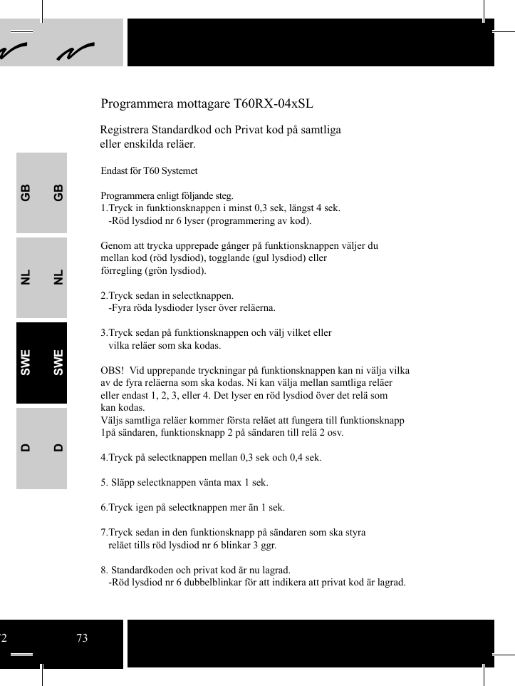 GBNLSWEDGBNLSWED Programmera mottagare T60RX-04xSLRegistrera Standardkod och Privat kod på samtliga eller enskilda reläer.Endast för T60 SystemetProgrammera enligt följande steg.1.Tryck in funktionsknappen i minst 0,3 sek, längst 4 sek.   -Röd lysdiod nr 6 lyser (programmering av kod). Genom att trycka upprepade gånger på funktionsknappen väljer du mellan kod (röd lysdiod), togglande (gul lysdiod) eller förregling (grön lysdiod).2.Tryck sedan in selectknappen.    -Fyra röda lysdioder lyser över reläerna.  3.Tryck sedan på funktionsknappen och välj vilket eller   vilka reläer som ska kodas.OBS!  Vid upprepande tryckningar på funktionsknappen kan ni välja vilka av de fyra reläerna som ska kodas. Ni kan välja mellan samtliga reläer eller endast 1, 2, 3, eller 4. Det lyser en röd lysdiod över det relä som kan kodas.  Väljs samtliga reläer kommer första reläet att fungera till funktionsknapp 1på sändaren, funktionsknapp 2 på sändaren till relä 2 osv.4.Tryck på selectknappen mellan 0,3 sek och 0,4 sek.5. Släpp selectknappen vänta max 1 sek. 6.Tryck igen på selectknappen mer än 1 sek. 7.Tryck sedan in den funktionsknapp på sändaren som ska styra   reläet tills röd lysdiod nr 6 blinkar 3 ggr.   8. Standardkoden och privat kod är nu lagrad.   -Röd lysdiod nr 6 dubbelblinkar för att indikera att privat kod är lagrad. 7273