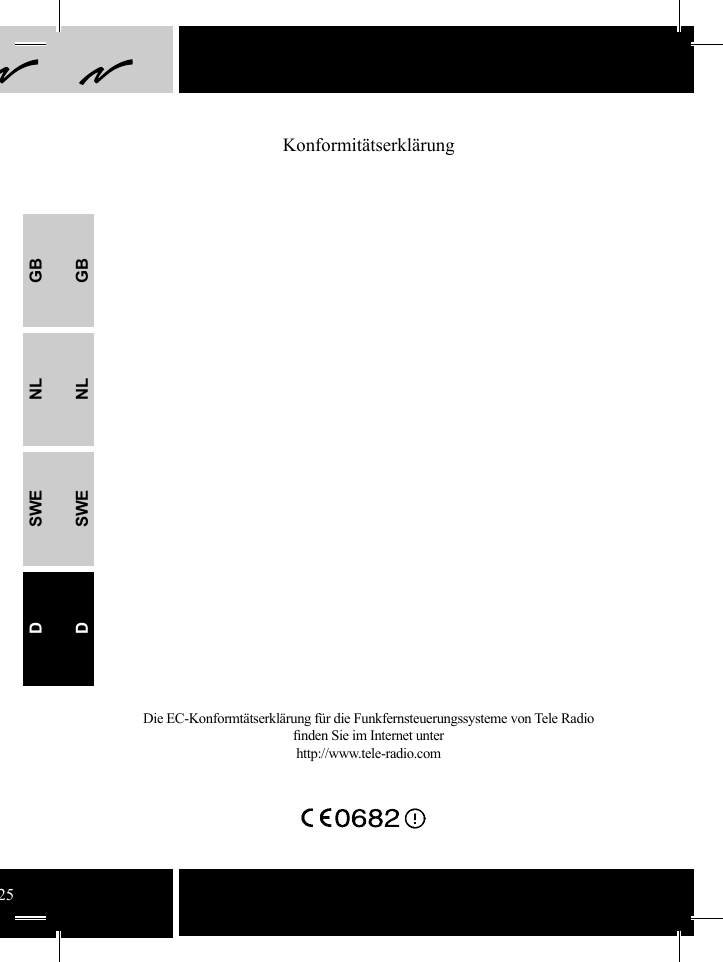 GBNLSWEDGBNLSWEDKonformitätserklärungDie EC-Konformtätserklärung für die Funkfernsteuerungssysteme von Tele Radio ﬁ nden Sie im Internet unter http://www.tele-radio.com25