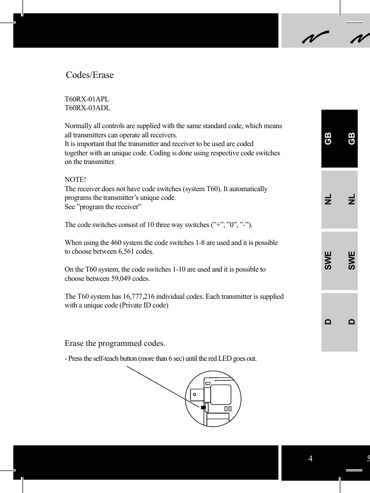 45T60RX-01APLT60RX-03ADLNormally all controls are supplied with the same standard code, which means all transmitters can operate all receivers.It is important that the transmitter and receiver to be used are coded together with an unique code. Coding is done using respective code switches on the transmitter.NOTE!The receiver does not have code switches (system T60). It automatically programs the transmitter’s unique code. See ”program the receiver”The code switches consist of 10 three way switches (”+”, ”0”, ”-”).When using the 460 system the code switches 1-8 are used and it is possible to choose between 6,561 codes.On the T60 system, the code switches 1-10 are used and it is possible to choose between 59,049 codes.The T60 system has 16,777,216 individual codes. Each transmitter is supplied with a unique code (Private ID code)Erase the programmed codes.- Press the self-teach button (more than 6 sec) until the red LED goes out.   Codes/EraseGBNLSWEDGBNLSWED