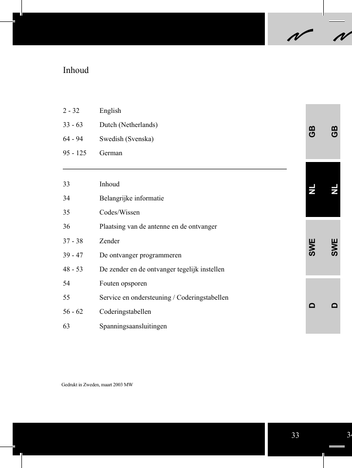 2 - 32  English33 - 63  Dutch (Netherlands)64 - 94  Swedish (Svenska)95 - 125  GermanGedrukt in Zweden, maart 2003 MW Inhoud33 Inhoud 34 Belangrijke informatie 35 Codes/Wissen 36  Plaatsing van de antenne en de ontvanger 37 - 38  Zender39 - 47  De ontvanger programmeren 48 - 53  De zender en de ontvanger tegelijk instellen 54 Fouten opsporen55  Service en ondersteuning / Coderingstabellen 56 - 62  Coderingstabellen 63 Spanningsaansluitingen GBNLSWEDGBNLSWED33 34