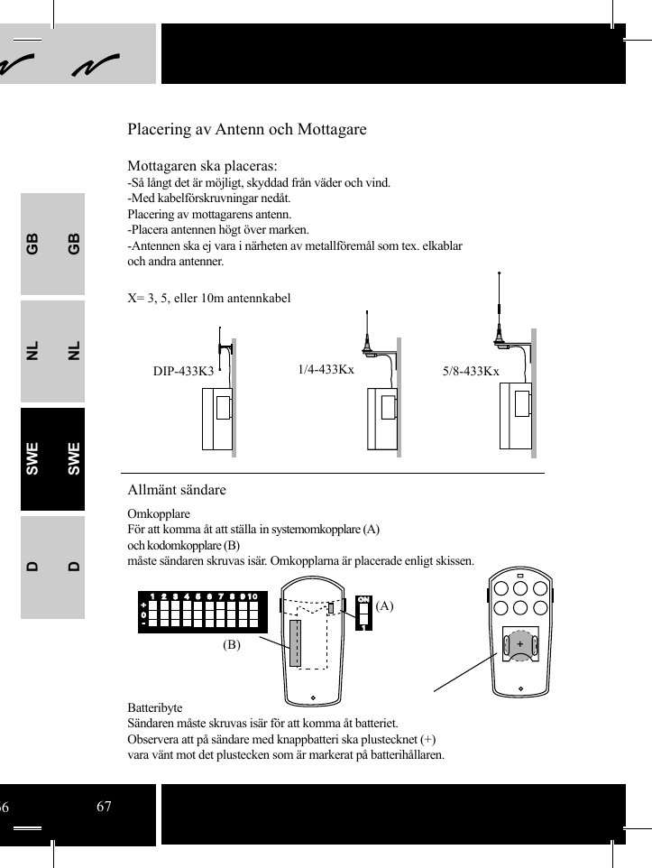 GBNLSWEDGBNLSWEDONON1412312356785678919 10+0-(A)(B) +DIP-433K3 1/4-433Kx 5/8-433KxAllmänt sändareOmkopplareFör att komma åt att ställa in systemomkopplare (A) och kodomkopplare (B)måste sändaren skruvas isär. Omkopplarna är placerade enligt skissen.                                         Batteribyte      Sändaren måste skruvas isär för att komma åt batteriet.Observera att på sändare med knappbatteri ska plustecknet (+)vara vänt mot det plustecken som är markerat på batterihållaren.Mottagaren ska placeras:-Så långt det är möjligt, skyddad från väder och vind.-Med kabelförskruvningar nedåt.Placering av mottagarens antenn.-Placera antennen högt över marken.-Antennen ska ej vara i närheten av metallföremål som tex. elkablaroch andra antenner.  Placering av Antenn och MottagareX= 3, 5, eller 10m antennkabel6667