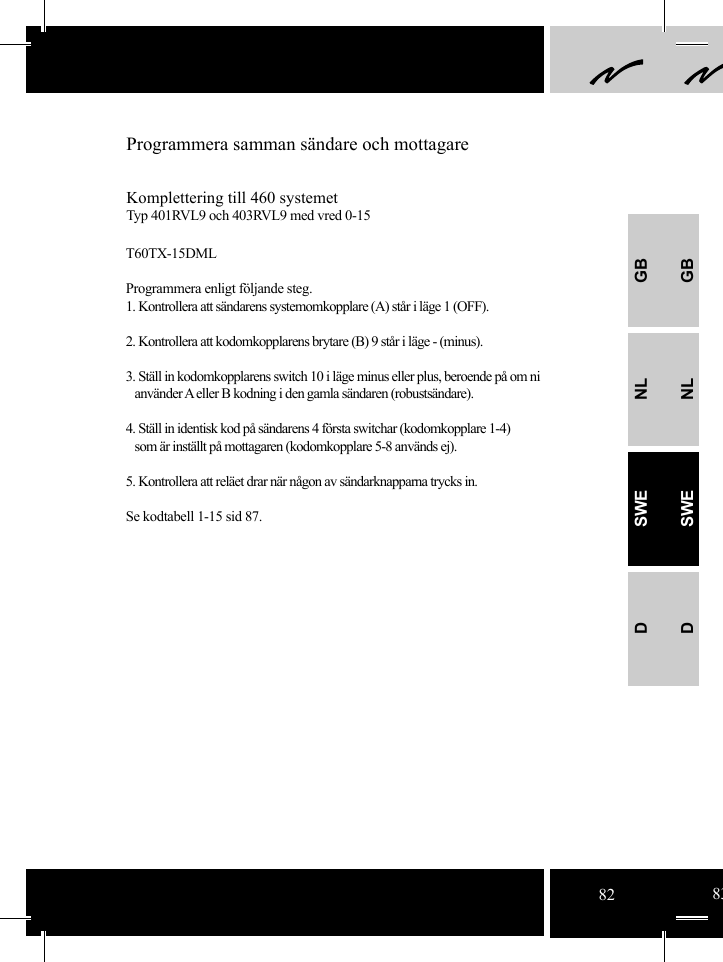 GBNLSWEDGBNLSWEDProgrammera samman sändare och mottagareKomplettering till 460 systemetTyp 401RVL9 och 403RVL9 med vred 0-15T60TX-15DMLProgrammera enligt följande steg.1. Kontrollera att sändarens systemomkopplare (A) står i läge 1 (OFF).2. Kontrollera att kodomkopplarens brytare (B) 9 står i läge - (minus). 3. Ställ in kodomkopplarens switch 10 i läge minus eller plus, beroende på om ni        använder A eller B kodning i den gamla sändaren (robustsändare).4. Ställ in identisk kod på sändarens 4 första switchar (kodomkopplare 1-4)   som är inställt på mottagaren (kodomkopplare 5-8 används ej).5. Kontrollera att reläet drar när någon av sändarknapparna trycks in.Se kodtabell 1-15 sid 87. 82 83