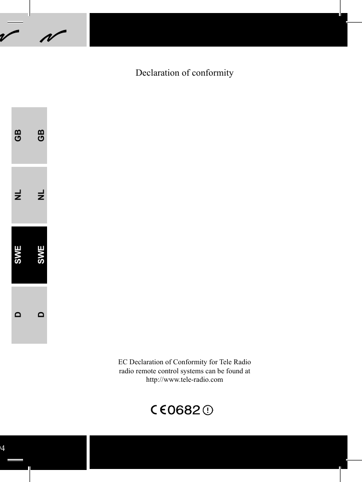 GBNLSWEDGBNLSWEDDeclaration of conformityEC Declaration of Conformity for Tele Radio radio remote control systems can be found at http://www.tele-radio.com94