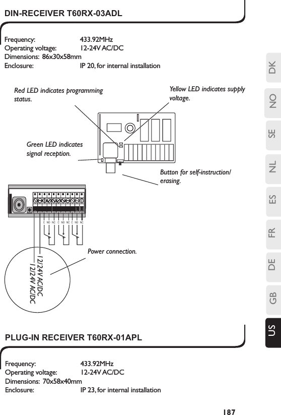 SENLESFRDEGBUS NO DK187DIN-RECEIVER T60RX-03ADLFrequency:     433.92MHzOperating voltage:  12-24V AC/DCDimensions:  86x30x58mmEnclosure:    IP 20, for internal installation12/24V AC/DC12/24V AC/DC C   NO   NC  C   NO   NC  C   NO   NCGreen LED indicates signal reception.Button for self-instruction/erasing.Red LED indicates programming status.Yellow LED indicates supply voltage. Power connection.PLUG-IN RECEIVER T60RX-01APLFrequency:        433.92MHz     Operating voltage:      12-24V AC/DC   Dimensions:  70x58x40mm   Enclosure:       IP 23, for internal installation