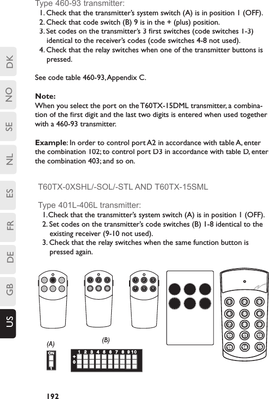 DKSENLESFRDEGBUS NO192Type 460-93 transmitter:1. Check that the transmitter’s system switch (A) is in position 1 (OFF).2. Check that code switch (B) 9 is in the + (plus) position. 3. Set codes on the transmitter’s 3 ﬁ rst switches (code switches 1-3) identical to the receiver’s codes (code switches 4-8 not used).4. Check that the relay switches when one of the transmitter buttons is pressed.See code table 460-93, Appendix C. Note:When you select the port on the T60TX-15DML transmitter, a combina-tion of the ﬁ rst digit and the last two digits is entered when used together with a 460-93 transmitter.Example: In order to control port A2 in accordance with table A, enter the combination 102; to control port D3 in accordance with table D, enter the combination 403; and so on.T60TX-0XSHL/-SOL/-STL AND T60TX-15SMLType 401L-406L transmitter:1. Check that the transmitter’s system switch (A) is in position 1 (OFF).2. Set codes on the transmitter’s code switches (B) 1-8 identical to the existing receiver (9-10 not used).3. Check that the relay switches when the same function button is pressed again.(A)1234561 2 3ON1(B)4123 56789 10+0