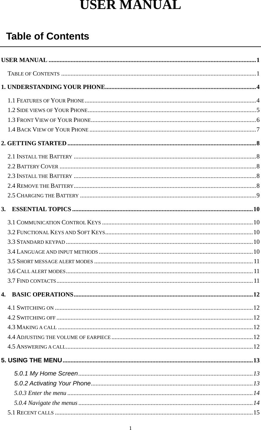  1USER MANUAL  Table of Contents   USER MANUAL ....................................................................................................................................1 TABLE OF CONTENTS ............................................................................................................................1 1. UNDERSTANDING YOUR PHONE................................................................................................4 1.1 FEATURES OF YOUR PHONE.............................................................................................................4 1.2 SIDE VIEWS OF YOUR PHONE...........................................................................................................5 1.3 FRONT VIEW OF YOUR PHONE.........................................................................................................6 1.4 BACK VIEW OF YOUR PHONE ..........................................................................................................7 2. GETTING STARTED........................................................................................................................8 2.1 INSTALL THE BATTERY ....................................................................................................................8 2.2 BATT ERY  COVER .............................................................................................................................8 2.3 INSTALL THE BATTERY ....................................................................................................................8 2.4 REMOVE THE BATTERY....................................................................................................................8 2.5 CHARGING THE BATTERY ................................................................................................................9 3.  ESSENTIAL TOPICS ...................................................................................................................10 3.1 COMMUNICATION CONTROL KEYS ................................................................................................10 3.2 FUNCTIONAL KEYS AND SOFT KEYS..............................................................................................10 3.3 STANDARD KEYPAD .......................................................................................................................10 3.4 LANGUAGE AND INPUT METHODS ..................................................................................................10 3.5 SHORT MESSAGE ALERT MODES .....................................................................................................11 3.6 CALL ALERT MODES.......................................................................................................................11 3.7 FIND CONTACTS.............................................................................................................................11 4.  BASIC OPERATIONS..................................................................................................................12 4.1 SWITCHING ON ..............................................................................................................................12 4.2 SWITCHING OFF .............................................................................................................................12 4.3 MAKING A CALL ............................................................................................................................12 4.4 ADJUSTING THE VOLUME OF EARPIECE ..........................................................................................12 4.5 ANSWERING A CALL.......................................................................................................................12 5. USING THE MENU.........................................................................................................................13 5.0.1 My Home Screen...............................................................................................................13 5.0.2 Activating Your Phone.......................................................................................................13 5.0.3 Enter the menu ......................................................................................................................14 5.0.4 Navigate the menus ...............................................................................................................14 5.1 RECENT CALLS ..............................................................................................................................15 