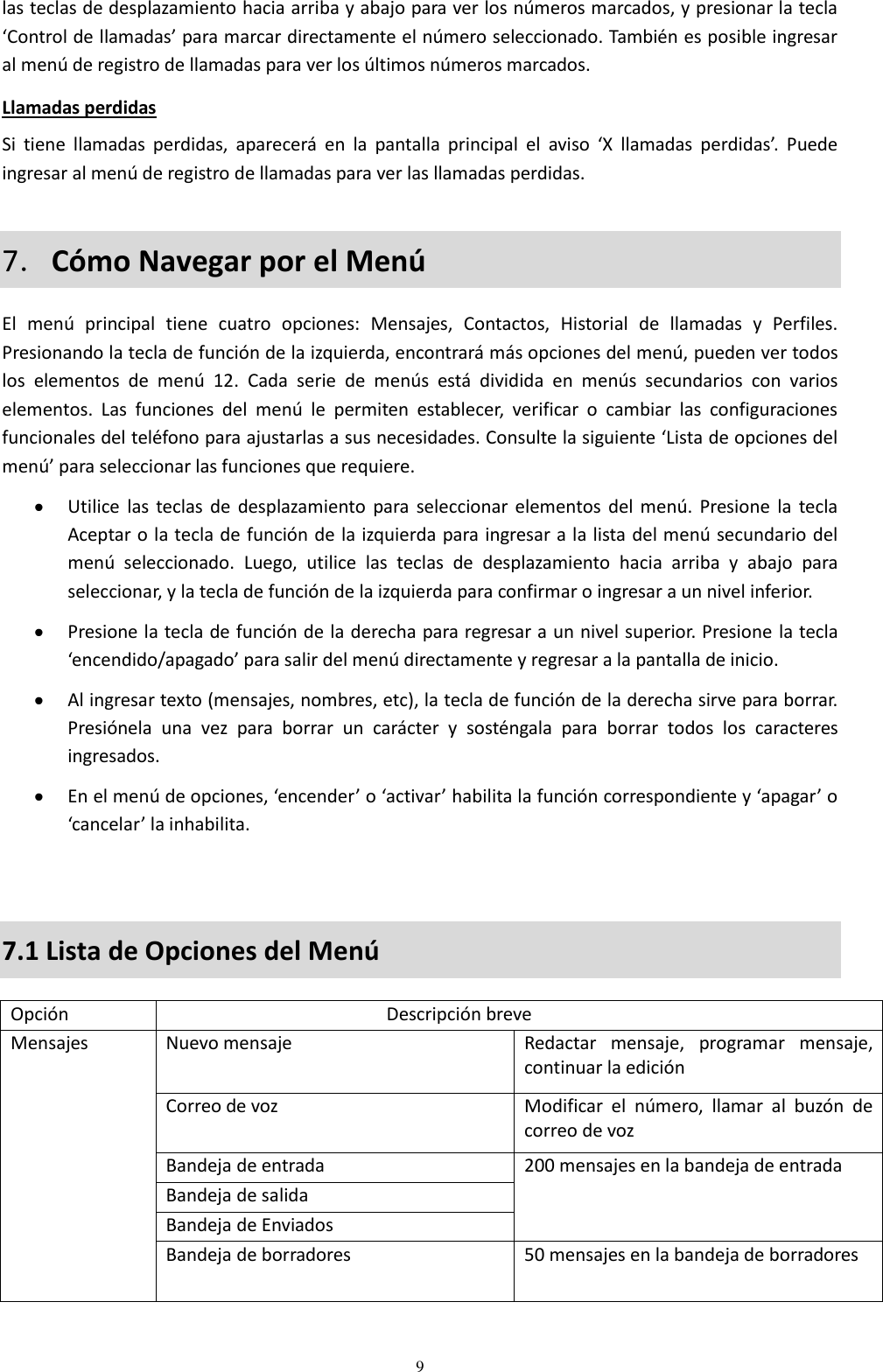  9 las teclas de desplazamiento hacia arriba y abajo para ver los números marcados, y presionar la tecla ‘Control de llamadas’ para marcar directamente el número seleccionado. También es posible ingresar al menú de registro de llamadas para ver los últimos números marcados. Llamadas perdidas Si  tiene  llamadas  perdidas,  aparecerá  en  la  pantalla  principal  el  aviso  ‘X  llamadas  perdidas’.  Puede ingresar al menú de registro de llamadas para ver las llamadas perdidas. 7．Cómo Navegar por el Menú El  menú  principal  tiene  cuatro  opciones:  Mensajes,  Contactos,  Historial  de  llamadas  y  Perfiles.  Presionando la tecla de función de la izquierda, encontrará más opciones del menú, pueden ver todos los  elementos  de  menú  12.  Cada  serie  de  menús  está  dividida  en  menús  secundarios  con  varios elementos.  Las  funciones  del  menú  le  permiten  establecer,  verificar  o  cambiar  las  configuraciones funcionales del teléfono para ajustarlas a sus necesidades. Consulte la siguiente ‘Lista de opciones del menú’ para seleccionar las funciones que requiere.  Utilice  las  teclas de  desplazamiento  para  seleccionar elementos  del  menú.  Presione  la  tecla Aceptar o la tecla de función de la izquierda para ingresar a la lista del menú secundario del menú  seleccionado.  Luego,  utilice  las  teclas  de  desplazamiento  hacia  arriba  y  abajo  para seleccionar, y la tecla de función de la izquierda para confirmar o ingresar a un nivel inferior.  Presione la tecla de función de la derecha para regresar a un nivel superior. Presione la tecla ‘encendido/apagado’ para salir del menú directamente y regresar a la pantalla de inicio.  Al ingresar texto (mensajes, nombres, etc), la tecla de función de la derecha sirve para borrar. Presiónela  una  vez  para  borrar  un  carácter  y  sosténgala  para  borrar  todos  los  caracteres ingresados.  En el menú de opciones, ‘encender’ o ‘activar’ habilita la función correspondiente y ‘apagar’ o ‘cancelar’ la inhabilita.  7.1 Lista de Opciones del Menú Opción Descripción breve Mensajes Nuevo mensaje Redactar  mensaje,  programar  mensaje, continuar la edición  Correo de voz Modificar  el  número,  llamar  al  buzón  de correo de voz  Bandeja de entrada 200 mensajes en la bandeja de entrada  Bandeja de salida Bandeja de Enviados Bandeja de borradores 50 mensajes en la bandeja de borradores 