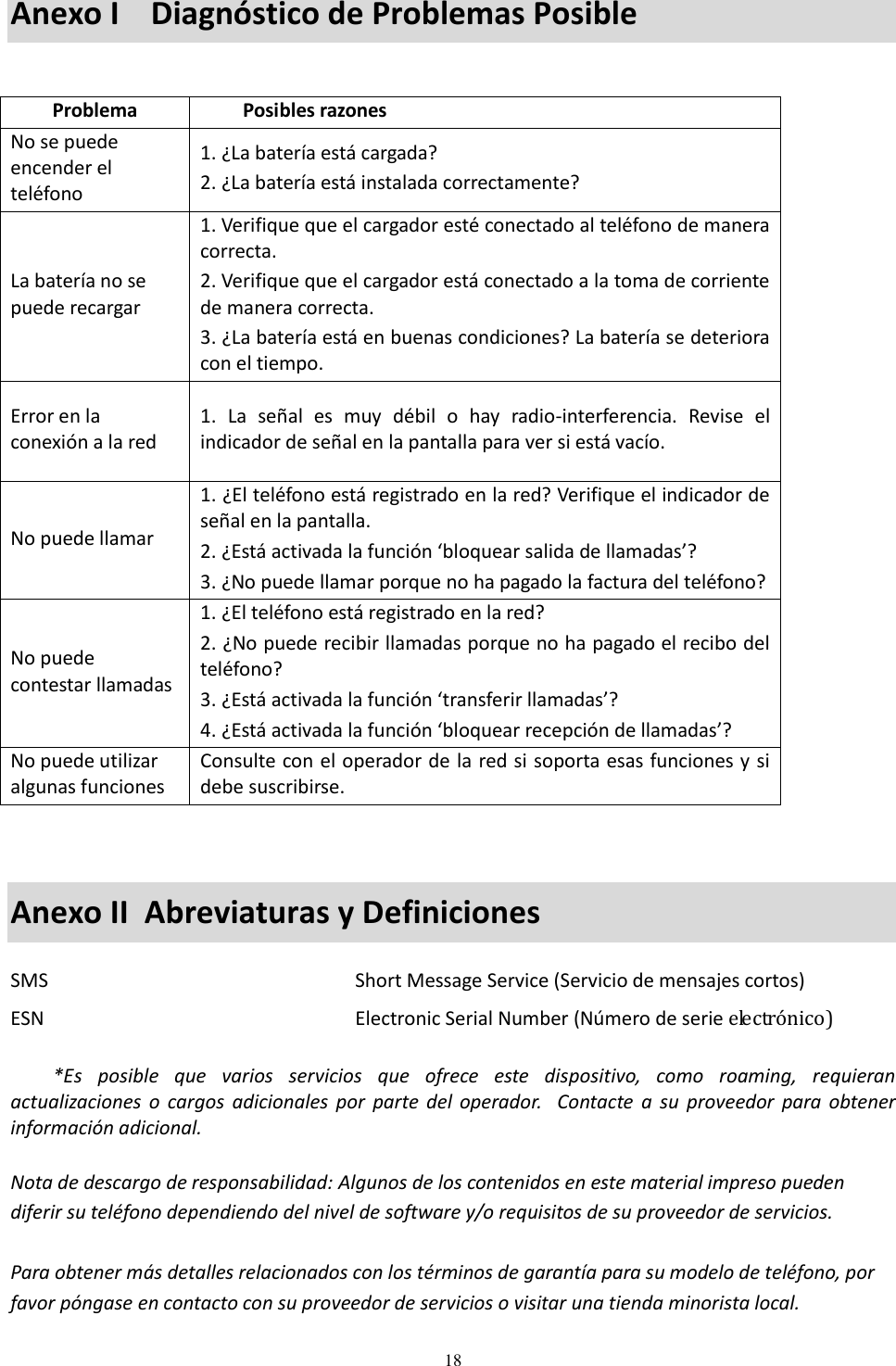  18  Anexo I    Diagnóstico de Problemas Posible  Problema Posibles razones No se puede encender el teléfono 1. ¿La batería está cargada? 2. ¿La batería está instalada correctamente? La batería no se puede recargar 1. Verifique que el cargador esté conectado al teléfono de manera correcta. 2. Verifique que el cargador está conectado a la toma de corriente de manera correcta. 3. ¿La batería está en buenas condiciones? La batería se deteriora con el tiempo. Error en la conexión a la red 1.  La  señal  es  muy  débil  o  hay  radio-interferencia.  Revise  el indicador de señal en la pantalla para ver si está vacío. No puede llamar 1. ¿El teléfono está registrado en la red? Verifique el indicador de señal en la pantalla. 2. ¿Está activada la función ‘bloquear salida de llamadas’? 3. ¿No puede llamar porque no ha pagado la factura del teléfono? No puede contestar llamadas 1. ¿El teléfono está registrado en la red? 2. ¿No puede recibir llamadas porque no ha pagado el recibo del teléfono? 3. ¿Está activada la función ‘transferir llamadas’? 4. ¿Está activada la función ‘bloquear recepción de llamadas’? No puede utilizar algunas funciones Consulte con el operador de la red si soporta esas funciones y si debe suscribirse.   Anexo II  Abreviaturas y Definiciones SMS    Short Message Service (Servicio de mensajes cortos) ESN    Electronic Serial Number (Número de serie electrónico)   *Es  posible  que  varios  servicios  que  ofrece  este  dispositivo,  como  roaming,  requieran actualizaciones  o  cargos  adicionales por  parte  del  operador.    Contacte  a  su  proveedor para  obtener información adicional.  Nota de descargo de responsabilidad: Algunos de los contenidos en este material impreso pueden diferir su teléfono dependiendo del nivel de software y/o requisitos de su proveedor de servicios.  Para obtener más detalles relacionados con los términos de garantía para su modelo de teléfono, por favor póngase en contacto con su proveedor de servicios o visitar una tienda minorista local. 
