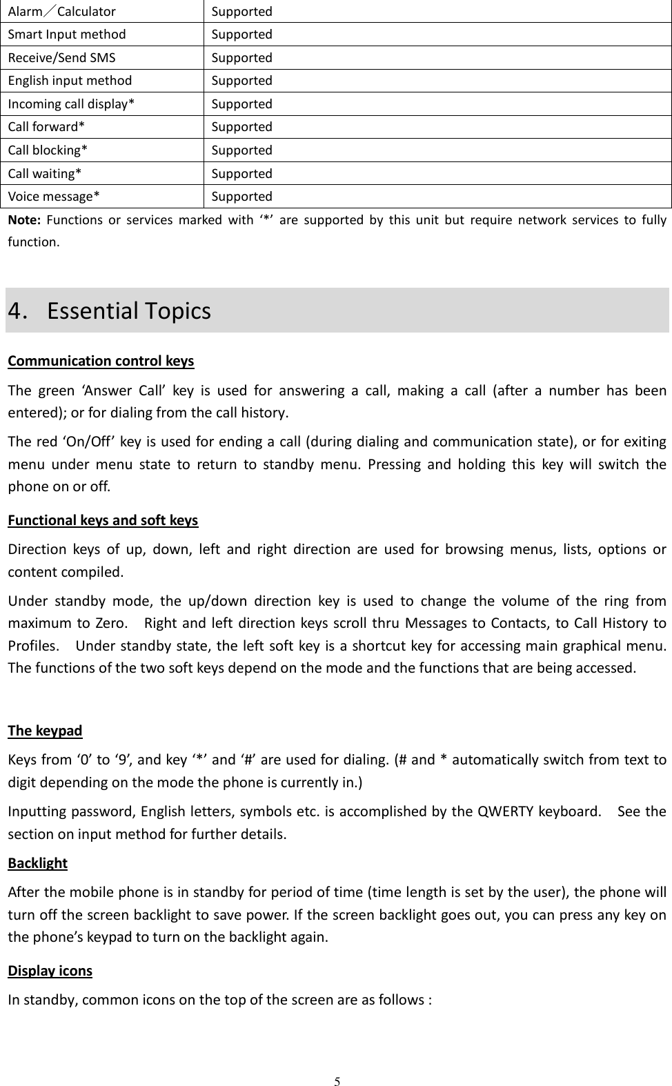  5 Alarm／Calculator Supported Smart Input method Supported Receive/Send SMS Supported English input method Supported Incoming call display* Supported Call forward* Supported Call blocking* Supported Call waiting* Supported Voice message* Supported Note: Functions  or  services  marked  with  ‘*’  are  supported  by  this  unit  but  require  network  services  to  fully function. 4．Essential Topics Communication control keys The  green  ‘Answer  Call’  key  is  used  for  answering  a  call,  making  a  call  (after  a  number  has  been entered); or for dialing from the call history.   The red ‘On/Off’ key is used for ending a call (during dialing and communication state), or for exiting menu  under  menu  state  to  return  to  standby  menu.  Pressing  and  holding  this  key  will  switch  the phone on or off. Functional keys and soft keys Direction  keys  of  up,  down,  left  and  right  direction  are  used  for  browsing  menus,  lists,  options  or content compiled. Under  standby  mode,  the  up/down  direction  key  is  used  to  change  the  volume  of  the  ring  from maximum to Zero.    Right and left direction keys scroll thru Messages to Contacts, to Call History to Profiles.    Under standby state, the left soft key is a shortcut key for accessing main graphical menu. The functions of the two soft keys depend on the mode and the functions that are being accessed.  The keypad Keys from ‘0’ to ‘9’, and key ‘*’ and ‘#’ are used for dialing. (# and * automatically switch from text to digit depending on the mode the phone is currently in.) Inputting password, English letters, symbols etc. is accomplished by the QWERTY keyboard.    See the section on input method for further details. Backlight After the mobile phone is in standby for period of time (time length is set by the user), the phone will turn off the screen backlight to save power. If the screen backlight goes out, you can press any key on the phone’s keypad to turn on the backlight again.   Display icons In standby, common icons on the top of the screen are as follows :  