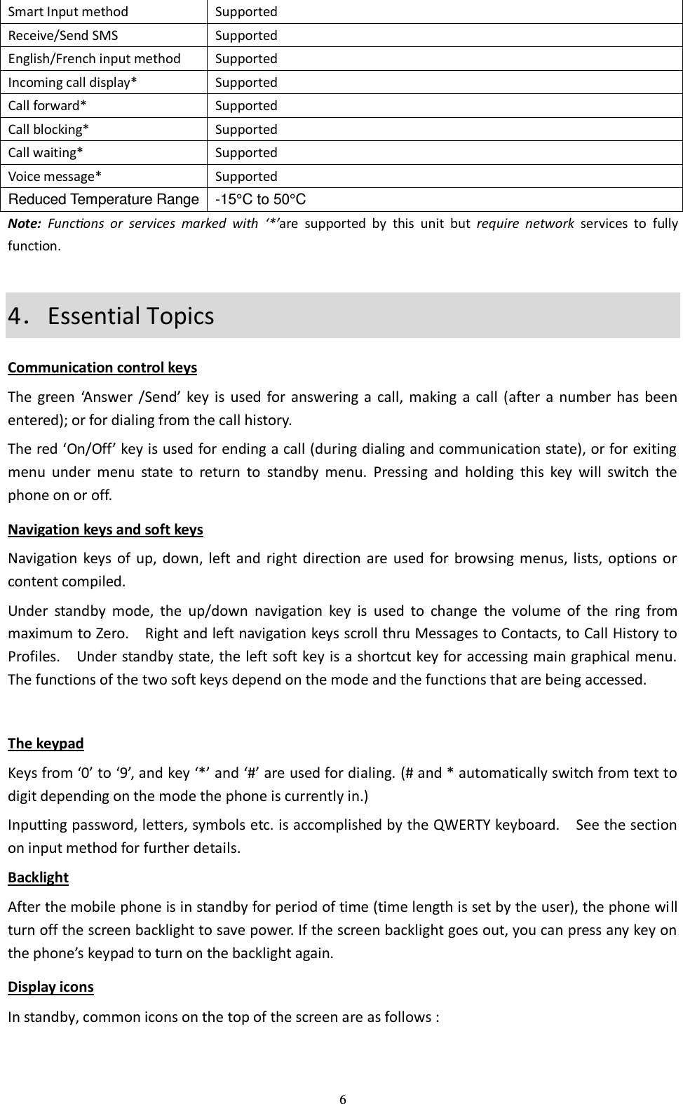  6 Smart Input method Supported Receive/Send SMS Supported English/French input method Supported Incoming call display* Supported Call forward* Supported Call blocking* Supported Call waiting* Supported Voice message* Supported Reduced Temperature Range -15°C to 50°C Note:  Funcons  or  services  marked  with  ‘*’are  supported  by  this  unit  but  require  network  services  to  fully function. 4．Essential Topics Communication control keys The green  ‘Answer  /Send’ key  is  used  for  answering a  call,  making  a  call  (after  a  number  has  been entered); or for dialing from the call history.   The red ‘On/Off’ key is used for ending a call (during dialing and communication state), or for exiting menu  under  menu  state  to  return  to  standby  menu.  Pressing  and  holding  this  key  will  switch  the phone on or off. Navigation keys and soft keys Navigation  keys  of  up,  down, left  and  right  direction are used  for  browsing  menus, lists, options  or content compiled. Under  standby  mode,  the  up/down  navigation  key  is  used  to  change  the  volume  of  the  ring  from maximum to Zero.    Right and left navigation keys scroll thru Messages to Contacts, to Call History to Profiles.    Under standby state, the left soft key is a shortcut key for accessing main graphical menu. The functions of the two soft keys depend on the mode and the functions that are being accessed.  The keypad Keys from ‘0’ to ‘9’, and key ‘*’ and ‘#’ are used for dialing. (# and * automatically switch from text to digit depending on the mode the phone is currently in.) Inputting password, letters, symbols etc. is accomplished by the QWERTY keyboard.    See the section on input method for further details. Backlight After the mobile phone is in standby for period of time (time length is set by the user), the phone will turn off the screen backlight to save power. If the screen backlight goes out, you can press any key on the phone’s keypad to turn on the backlight again.   Display icons In standby, common icons on the top of the screen are as follows :  