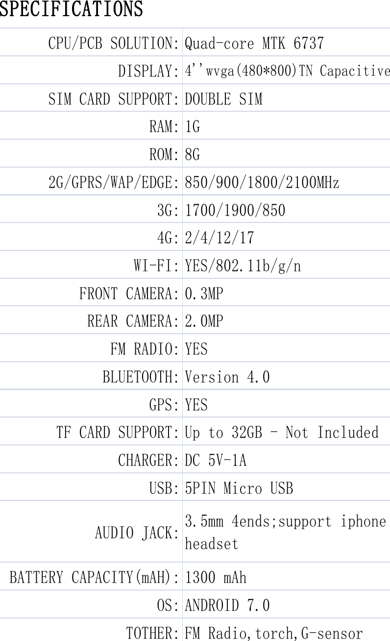 8G850/900/1800/2100MHz1700/1900/850YES/802.11b/g/n0.3MP2/4/12/17BATTERY CAPACITY(mAH):OS:TOTHER:AUDIO JACK:2G/GPRS/WAP/EDGE:3G:WI-FI:FRONT CAMERA:REAR CAMERA:FM RADIO:BLUETOOTH:GPS:TF CARD SUPPORT:CHARGER:USB:4G:ROM:CPU/PCB SOLUTION:DISPLAY:SIM CARD SUPPORT:RAM:Quad-core MTK 6737SPECIFICATIONS 4&apos;&apos;wvga(480*800)TN CapacitiveDOUBLE SIM1G2.0MPYESVersion 4.0YESUp to 32GB - Not IncludedDC 5V-1A5PIN Micro USB3.5mm 4ends;support iphoneheadset1300 mAhANDROID 7.0FM Radio,torch,G-sensor 