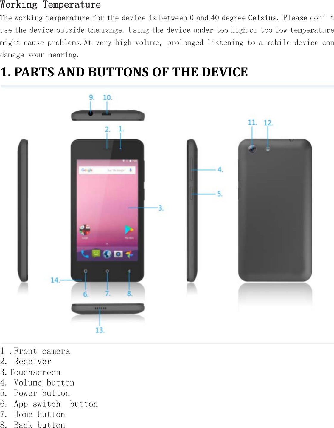 Working Temperature The working temperature for the device is between 0 and 40 degree Celsius. Please don’t use the device outside the range. Using the device under too high or too low temperature might cause problems.At very high volume, prolonged listening to a mobile device can damage your hearing. 1. PARTS AND BUTTONS OF THE DEVICE  1 .Front camera 2. Receiver 3.Touchscreen 4. Volume button 5. Power button 6. App switch  button 7. Home button 8. Back button 