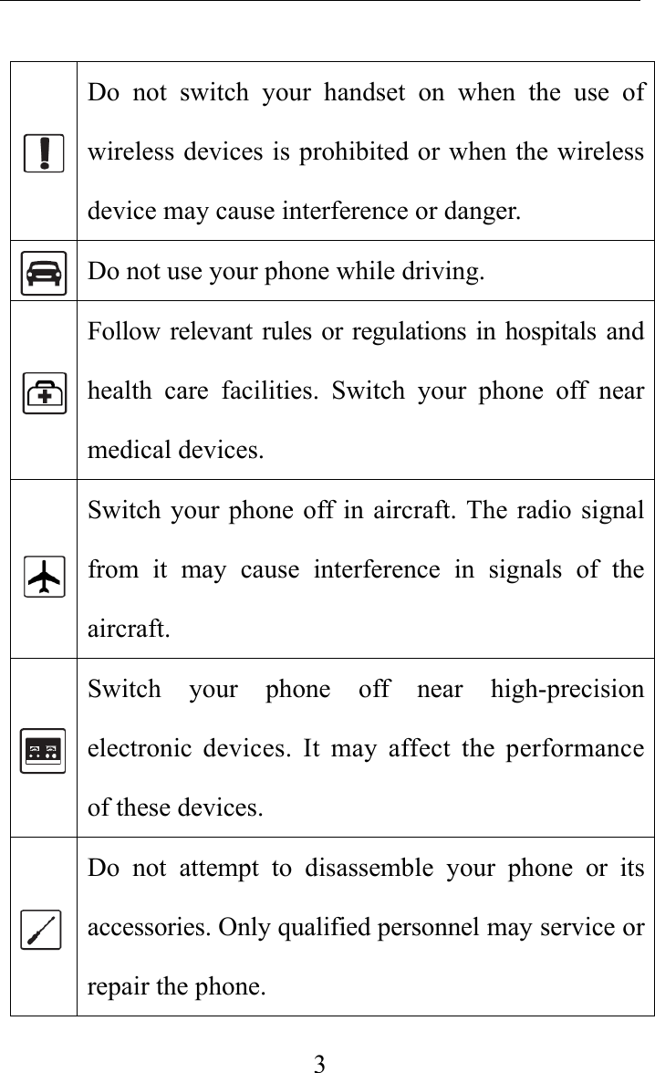     3  Do not switch your handset on when the use of wireless devices is prohibited or when the wireless device may cause interference or danger.  Do not use your phone while driving.  Follow relevant rules or regulations in hospitals and health care facilities. Switch your phone off near medical devices.  Switch your phone off in aircraft. The radio signal from it may cause interference in signals of the aircraft.       Switch your phone off near high-precision electronic devices. It may affect the performance of these devices.  Do not attempt to disassemble your phone or its accessories. Only qualified personnel may service or repair the phone.   