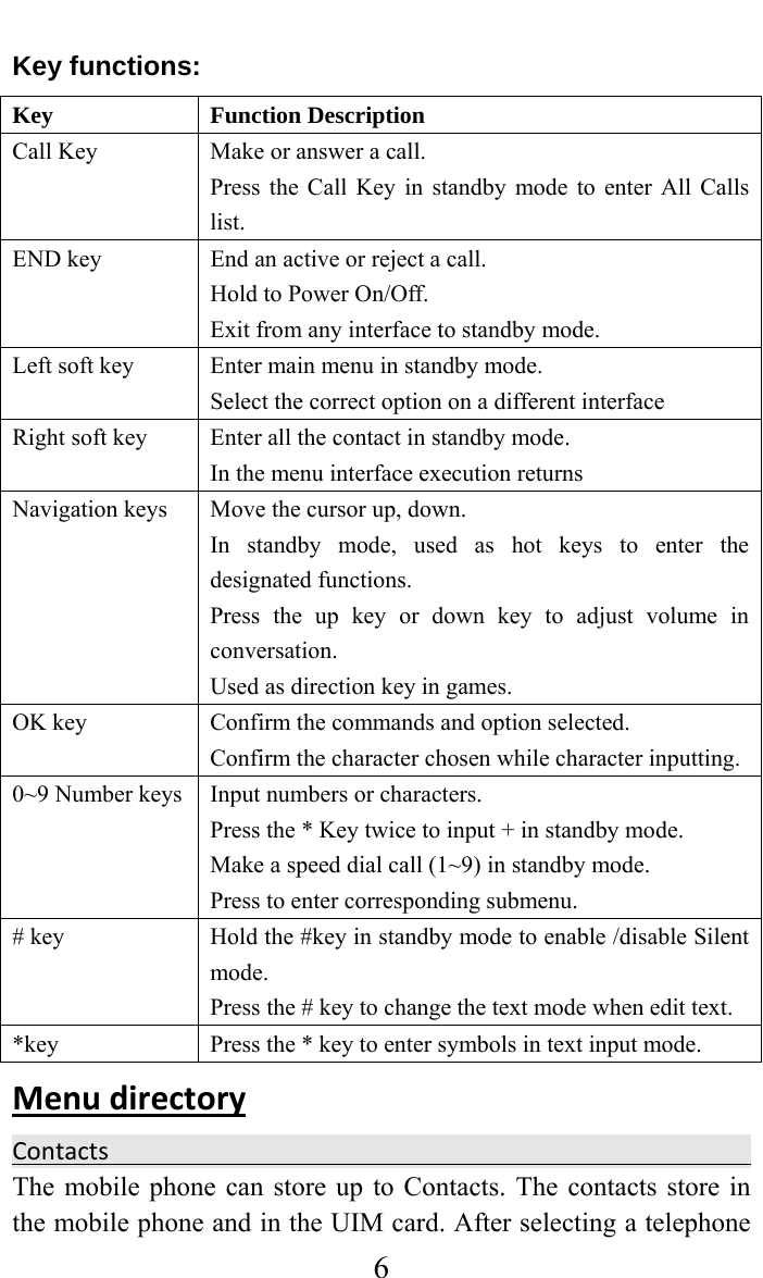     6Key functions: Key Function Description Call Key    Make or answer a call. Press the Call Key in standby mode to enter All Calls list. END key  End an active or reject a call. Hold to Power On/Off. Exit from any interface to standby mode. Left soft key    Enter main menu in standby mode. Select the correct option on a different interface Right soft key    Enter all the contact in standby mode. In the menu interface execution returns Navigation keys  Move the cursor up, down. In standby mode, used as hot keys to enter the designated functions. Press the up key or down key to adjust volume in conversation. Used as direction key in games. OK key  Confirm the commands and option selected. Confirm the character chosen while character inputting. 0~9 Number keys  Input numbers or characters. Press the * Key twice to input + in standby mode. Make a speed dial call (1~9) in standby mode. Press to enter corresponding submenu. # key  Hold the #key in standby mode to enable /disable Silent mode. Press the # key to change the text mode when edit text. *key  Press the * key to enter symbols in text input mode. MenudirectoryContacts The mobile phone can store up to Contacts. The contacts store in the mobile phone and in the UIM card. After selecting a telephone 