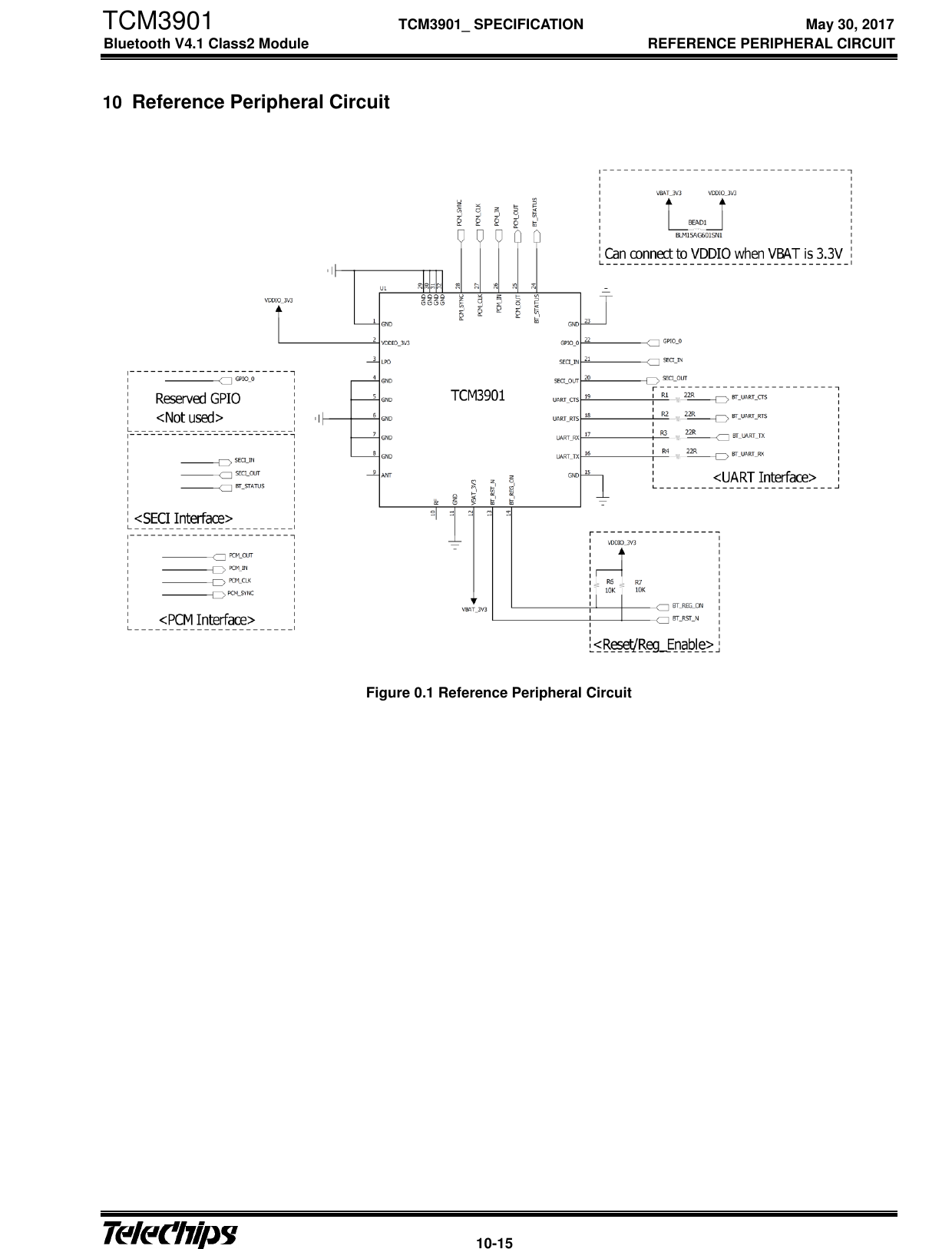 TCM3901  TCM3901_ SPECIFICATION  May 30, 2017 Bluetooth V4.1 Class2 Module    REFERENCE PERIPHERAL CIRCUIT     10-15  10  Reference Peripheral Circuit    Figure 0.1 Reference Peripheral Circuit   