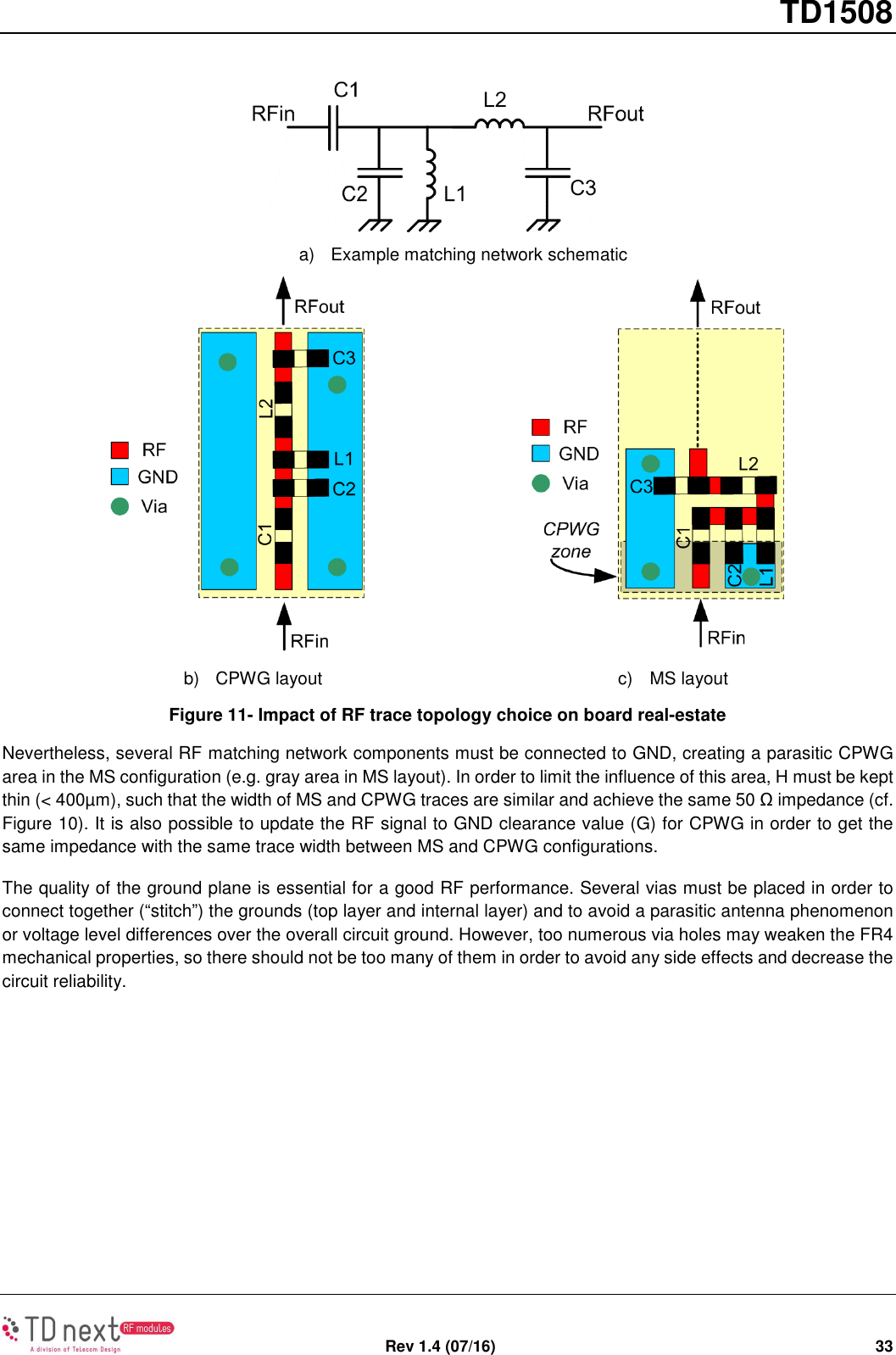       TD1508   Rev 1.4 (07/16)  33   a)  Example matching network schematic   b)  CPWG layout  c)  MS layout Figure 11- Impact of RF trace topology choice on board real-estate Nevertheless, several RF matching network components must be connected to GND, creating a parasitic CPWG area in the MS configuration (e.g. gray area in MS layout). In order to limit the influence of this area, H must be kept thin (&lt; 400µm), such that the width of MS and CPWG traces are similar and achieve the same 50 Ω impedance (cf. Figure 10). It is also possible to update the RF signal to GND clearance value (G) for CPWG in order to get the same impedance with the same trace width between MS and CPWG configurations. The quality of the ground plane is essential for a good RF performance. Several vias must be placed in order to connect together (“stitch”) the grounds (top layer and internal layer) and to avoid a parasitic antenna phenomenon or voltage level differences over the overall circuit ground. However, too numerous via holes may weaken the FR4 mechanical properties, so there should not be too many of them in order to avoid any side effects and decrease the circuit reliability.   