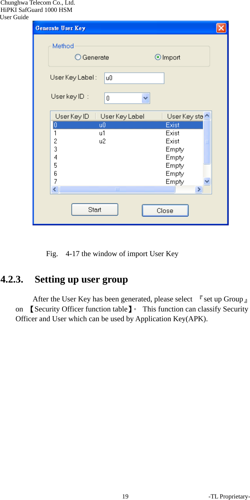 Chunghwa Telecom Co., Ltd.         HiPKI SafGuard 1000 HSM     User Guide   Fig.    4-17 the window of import User Key 4.2.3. Setting up user group After the User Key has been generated, please select  『set up Group』 on  【Security Officer function table】。  This function can classify Security Officer and User which can be used by Application Key(APK).  -TL Proprietary- 19
