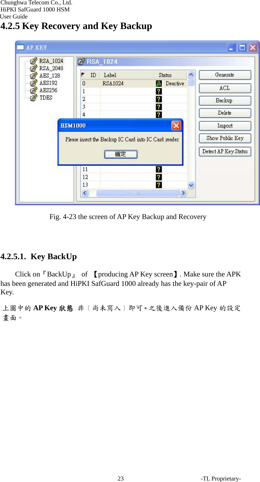 Chunghwa Telecom Co., Ltd.         HiPKI SafGuard 1000 HSM     User Guide 4.2.5 Key Recovery and Key Backup  Fig. 4-23 the screen of AP Key Backup and Recovery  4.2.5.1.  Key BackUp Click on『BackUp』 of 【producing AP Key screen】. Make sure the APK has been generated and HiPKI SafGuard 1000 already has the key-pair of AP Key. 上圖中的 AP Key 狀態 非﹝尚未寫入﹞即可。之後進入備份 AP Key 的設定畫面。 -TL Proprietary- 23