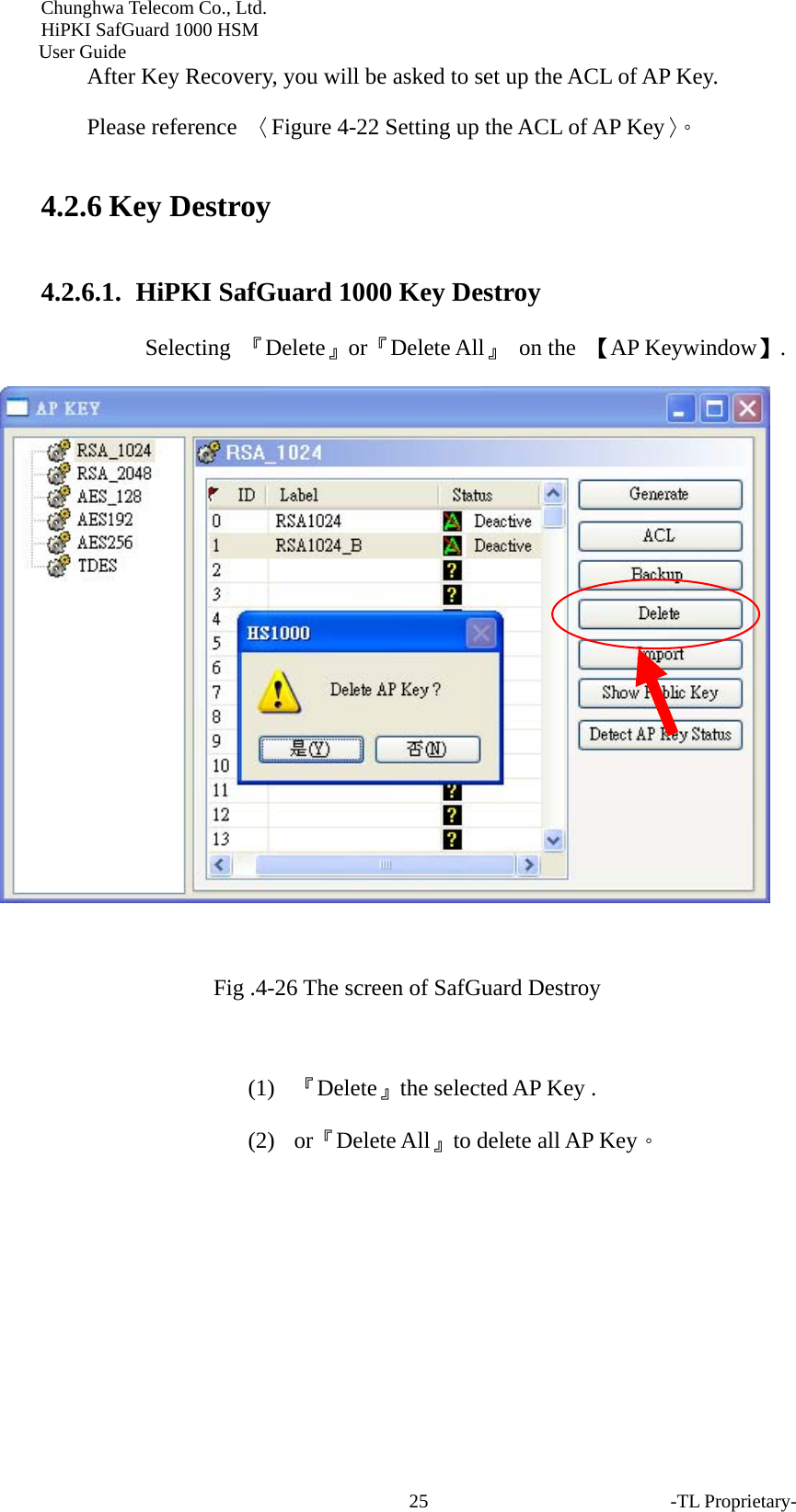 Chunghwa Telecom Co., Ltd.         HiPKI SafGuard 1000 HSM     User Guide After Key Recovery, you will be asked to set up the ACL of AP Key.   Please reference  〈Figure 4-22 Setting up the ACL of AP Key〉。 4.2.6 Key Destroy 4.2.6.1.   HiPKI SafGuard 1000 Key Destroy Selecting  『Delete』or『Delete All』 on the 【AP Keywindow】.   Fig .4-26 The screen of SafGuard Destroy  (1) 『Delete』the selected AP Key . (2) or『Delete All』to delete all AP Key。 -TL Proprietary- 25