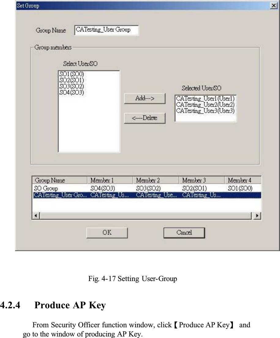 Fig. 4-17 Setting User-Group4.2.4 Produce AP KeyFrom Security Officer function window, clickȜProduce AP Keyȝ and go to the window of producing AP Key.