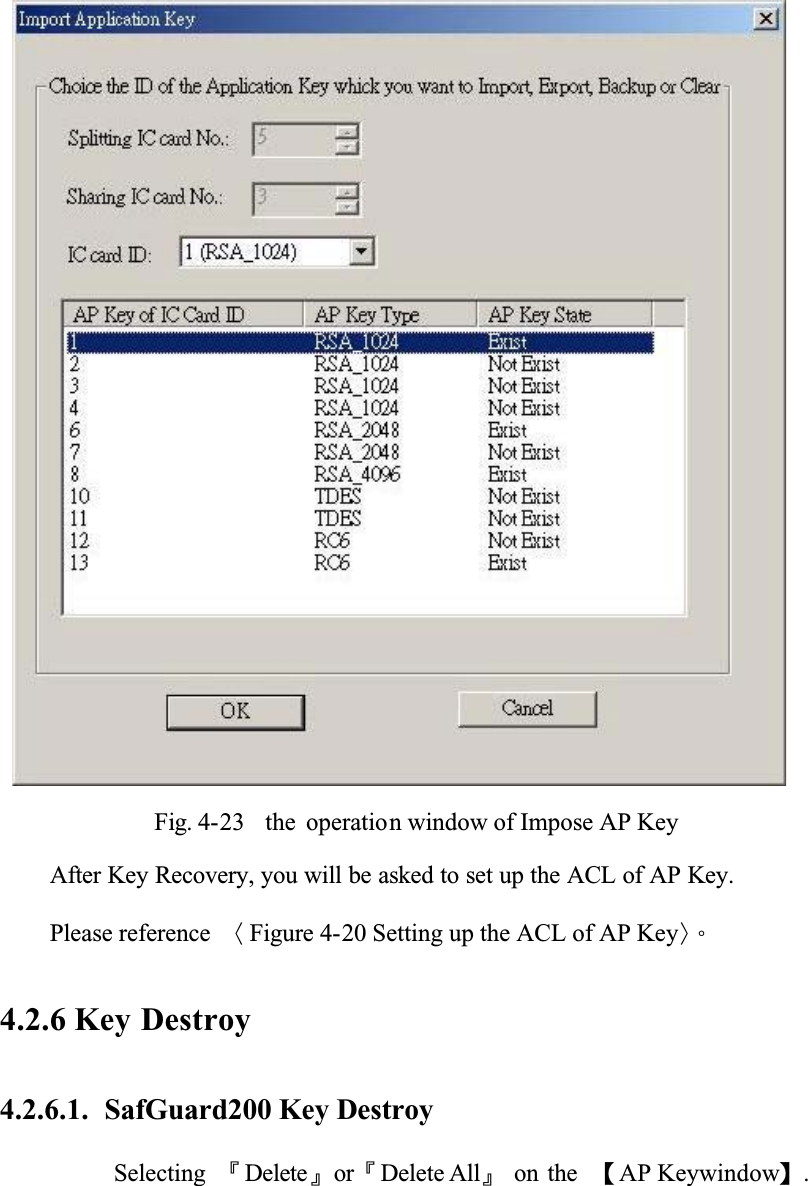 Fig. 4-23 the operation window of Impose AP KeyAfter Key Recovery, you will be asked to set up the ACL of AP Key. Please reference ȤFigure 4-20 Setting up the ACL of AP KeyȥǶ4.2.6 Key Destroy4.2.6.1. SafGuard200 Key DestroySelecting ȬDeleteȭorȬDelete Allȭ on the ȜAP Keywindowȝ.