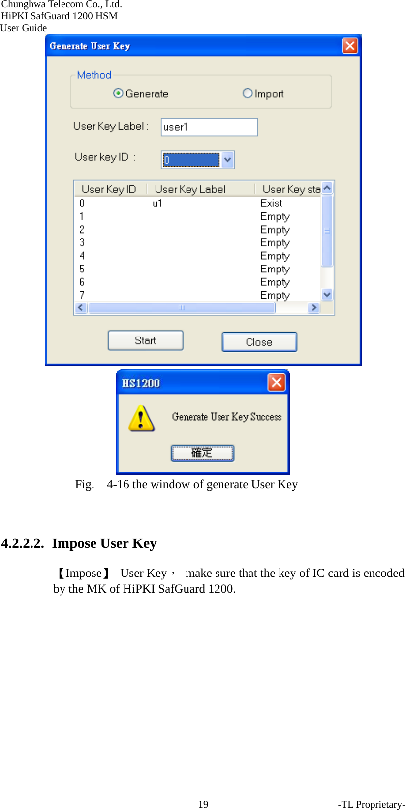 Chunghwa Telecom Co., Ltd.         HiPKI SafGuard 1200 HSM     User Guide -TL Proprietary- 19  Fig.  4-16 the window of generate User Key  4.2.2.2.  Impose User Key 【Impose】 User Key，  make sure that the key of IC card is encoded by the MK of HiPKI SafGuard 1200.  