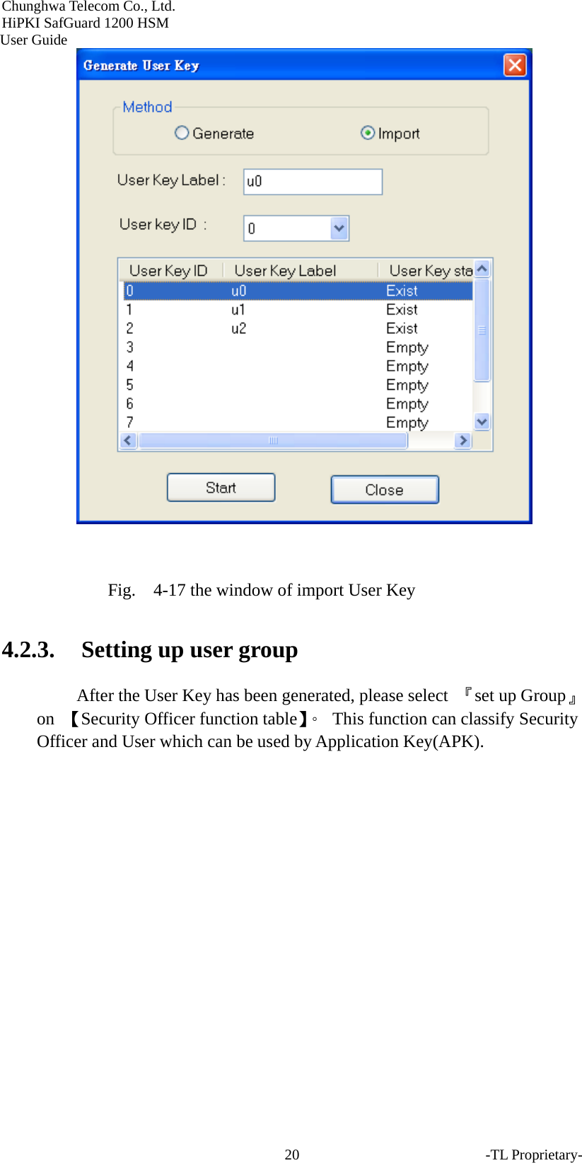 Chunghwa Telecom Co., Ltd.         HiPKI SafGuard 1200 HSM     User Guide -TL Proprietary- 20  Fig.  4-17 the window of import User Key 4.2.3. Setting up user group After the User Key has been generated, please select  『set up Group』 on  【Security Officer function table】。  This function can classify Security Officer and User which can be used by Application Key(APK).  
