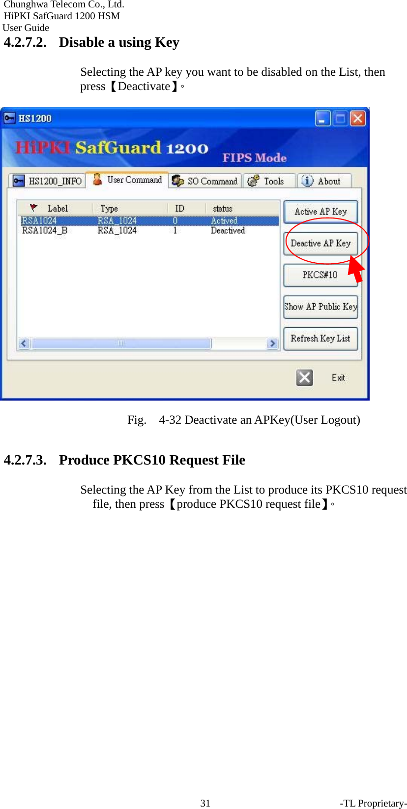 Chunghwa Telecom Co., Ltd.         HiPKI SafGuard 1200 HSM     User Guide -TL Proprietary- 314.2.7.2. Disable a using Key Selecting the AP key you want to be disabled on the List, then press【Deactivate】。  Fig.  4-32 Deactivate an APKey(User Logout) 4.2.7.3. Produce PKCS10 Request File Selecting the AP Key from the List to produce its PKCS10 request file, then press【produce PKCS10 request file】。 