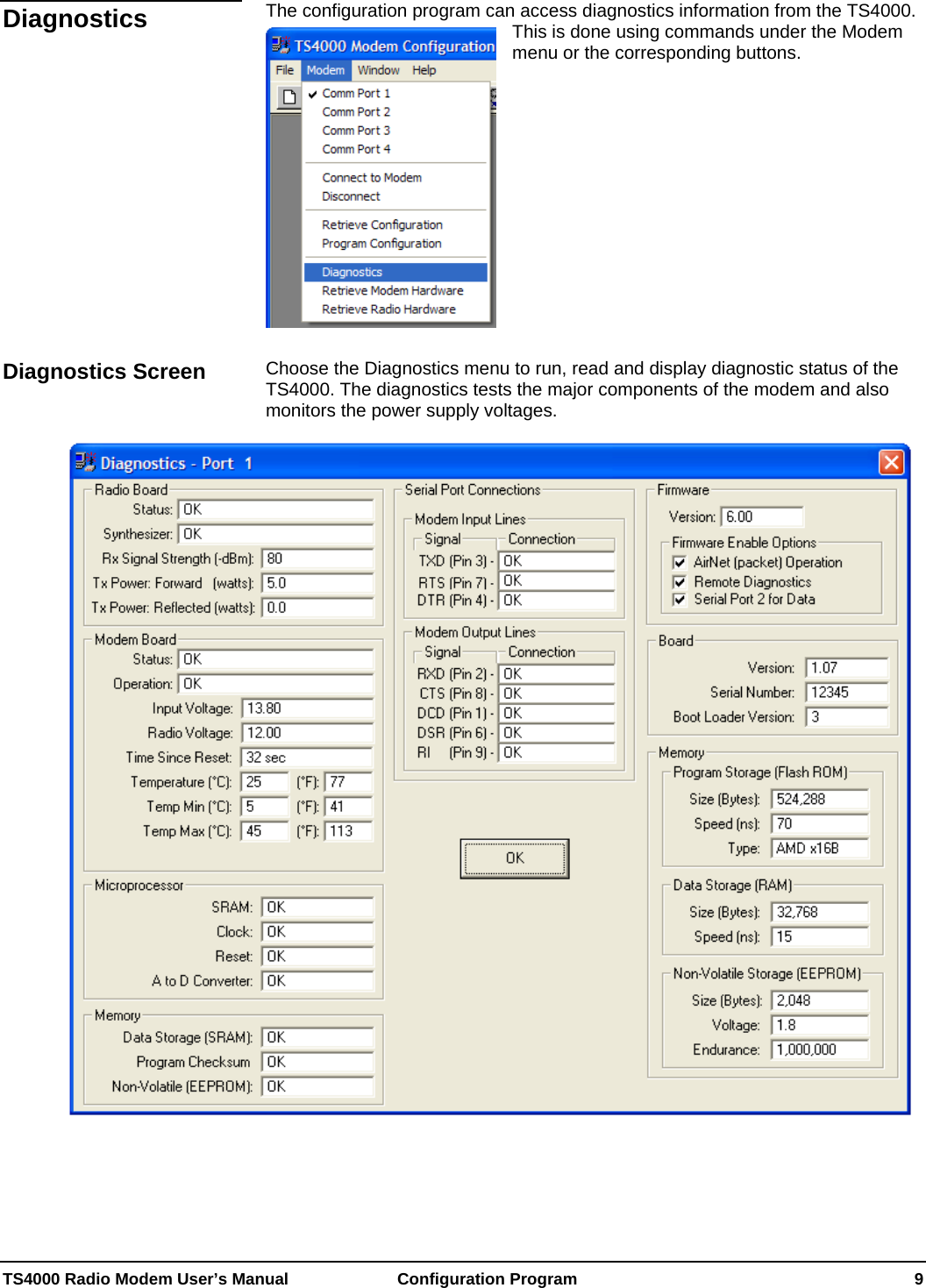  TS4000 Radio Modem User’s Manual   Configuration Program    9 The configuration program can access diagnostics information from the TS4000.  This is done using commands under the Modem menu or the corresponding buttons.               Choose the Diagnostics menu to run, read and display diagnostic status of the TS4000. The diagnostics tests the major components of the modem and also monitors the power supply voltages.    Diagnostics Diagnostics Screen 