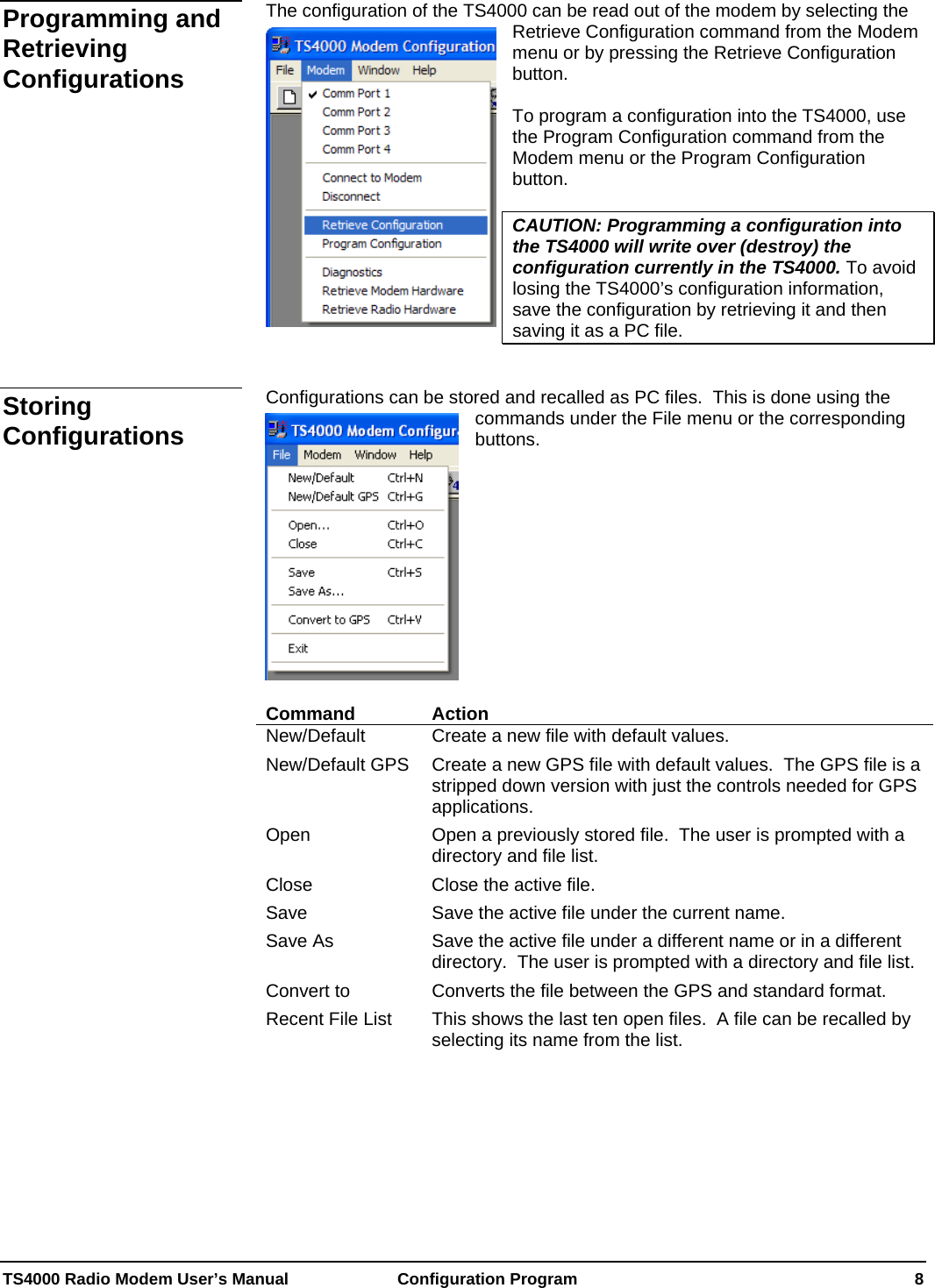  TS4000 Radio Modem User’s Manual   Configuration Program    8 The configuration of the TS4000 can be read out of the modem by selecting the Retrieve Configuration command from the Modem menu or by pressing the Retrieve Configuration button.    To program a configuration into the TS4000, use the Program Configuration command from the Modem menu or the Program Configuration button.    CAUTION: Programming a configuration into the TS4000 will write over (destroy) the configuration currently in the TS4000. To avoid losing the TS4000’s configuration information, save the configuration by retrieving it and then saving it as a PC file.   Configurations can be stored and recalled as PC files.  This is done using the commands under the File menu or the corresponding buttons.             Command Action New/Default  Create a new file with default values. New/Default GPS  Create a new GPS file with default values.  The GPS file is a stripped down version with just the controls needed for GPS applications. Open  Open a previously stored file.  The user is prompted with a directory and file list. Close  Close the active file. Save  Save the active file under the current name. Save As  Save the active file under a different name or in a different directory.  The user is prompted with a directory and file list. Convert to   Converts the file between the GPS and standard format. Recent File List  This shows the last ten open files.  A file can be recalled by selecting its name from the list.      Programming and Retrieving Configurations Storing Configurations 