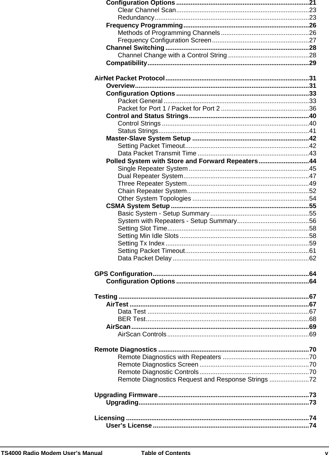 TS4000 Radio Modem User’s Manual   Table of Contents    v Configuration Options ..........................................................................21 Clear Channel Scan..........................................................................23 Redundancy......................................................................................23 Frequency Programming......................................................................26 Methods of Programming Channels .................................................26 Frequency Configuration Screen......................................................27 Channel Switching ................................................................................28 Channel Change with a Control String .............................................28 Compatibility..........................................................................................29 AirNet Packet Protocol................................................................................31 Overview.................................................................................................31 Configuration Options ..........................................................................33 Packet General .................................................................................33 Packet for Port 1 / Packet for Port 2 .................................................36 Control and Status Strings...................................................................40 Control Strings ..................................................................................40 Status Strings....................................................................................41 Master-Slave System Setup .................................................................42 Setting Packet Timeout.....................................................................42 Data Packet Transmit Time ..............................................................43 Polled System with Store and Forward Repeaters............................44 Single Repeater System ...................................................................45 Dual Repeater System......................................................................47 Three Repeater System....................................................................49 Chain Repeater System....................................................................52 Other System Topologies .................................................................54 CSMA System Setup.............................................................................55 Basic System - Setup Summary.......................................................55 System with Repeaters - Setup Summary........................................56 Setting Slot Time...............................................................................58 Setting Min Idle Slots ........................................................................58 Setting Tx Index................................................................................59 Setting Packet Timeout.....................................................................61 Data Packet Delay ............................................................................62 GPS Configuration.......................................................................................64 Configuration Options ..........................................................................64 Testing ..........................................................................................................67 AirTest ....................................................................................................67 Data Test ..........................................................................................67 BER Test...........................................................................................68 AirScan...................................................................................................69 AirScan Controls...............................................................................69 Remote Diagnostics ....................................................................................70 Remote Diagnostics with Repeaters ................................................70 Remote Diagnostics Screen .............................................................70 Remote Diagnostic Controls.............................................................70 Remote Diagnostics Request and Response Strings ......................72 Upgrading Firmware....................................................................................73 Upgrading...............................................................................................73 Licensing ......................................................................................................74 User’s License.......................................................................................74 