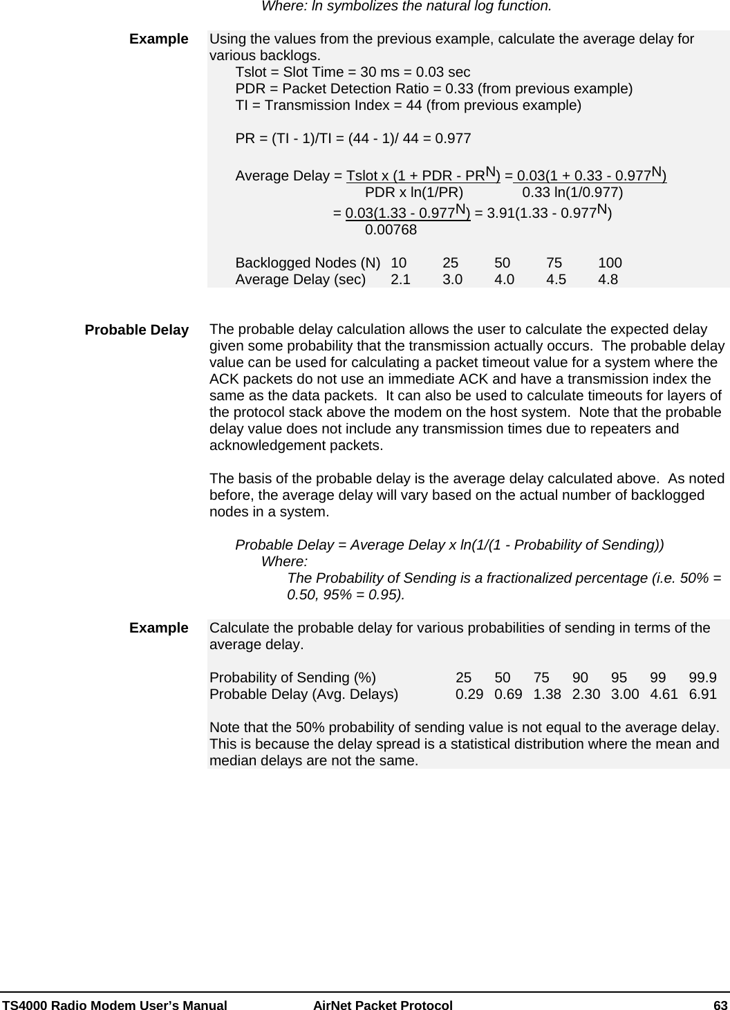  TS4000 Radio Modem User’s Manual   AirNet Packet Protocol    63     Where: ln symbolizes the natural log function.   Using the values from the previous example, calculate the average delay for various backlogs.   Tslot = Slot Time = 30 ms = 0.03 sec   PDR = Packet Detection Ratio = 0.33 (from previous example)   TI = Transmission Index = 44 (from previous example)    PR = (TI - 1)/TI = (44 - 1)/ 44 = 0.977    Average Delay = Tslot x (1 + PDR - PRN) = 0.03(1 + 0.33 - 0.977N)              PDR x ln(1/PR)          0.33 ln(1/0.977)              = 0.03(1.33 - 0.977N) = 3.91(1.33 - 0.977N)       0.00768   Backlogged Nodes (N) 10  25  50  75  100  Average Delay (sec) 2.1  3.0  4.0  4.5  4.8    The probable delay calculation allows the user to calculate the expected delay given some probability that the transmission actually occurs.  The probable delay value can be used for calculating a packet timeout value for a system where the ACK packets do not use an immediate ACK and have a transmission index the same as the data packets.  It can also be used to calculate timeouts for layers of the protocol stack above the modem on the host system.  Note that the probable delay value does not include any transmission times due to repeaters and acknowledgement packets.  The basis of the probable delay is the average delay calculated above.  As noted before, the average delay will vary based on the actual number of backlogged nodes in a system.  Probable Delay = Average Delay x ln(1/(1 - Probability of Sending))  Where: The Probability of Sending is a fractionalized percentage (i.e. 50% = 0.50, 95% = 0.95).  Calculate the probable delay for various probabilities of sending in terms of the average delay.  Probability of Sending (%)  25 50 75 90 95 99 99.9 Probable Delay (Avg. Delays)  0.29 0.69 1.38 2.30 3.00 4.61 6.91  Note that the 50% probability of sending value is not equal to the average delay.  This is because the delay spread is a statistical distribution where the mean and median delays are not the same.   Example  Probable Delay Example  