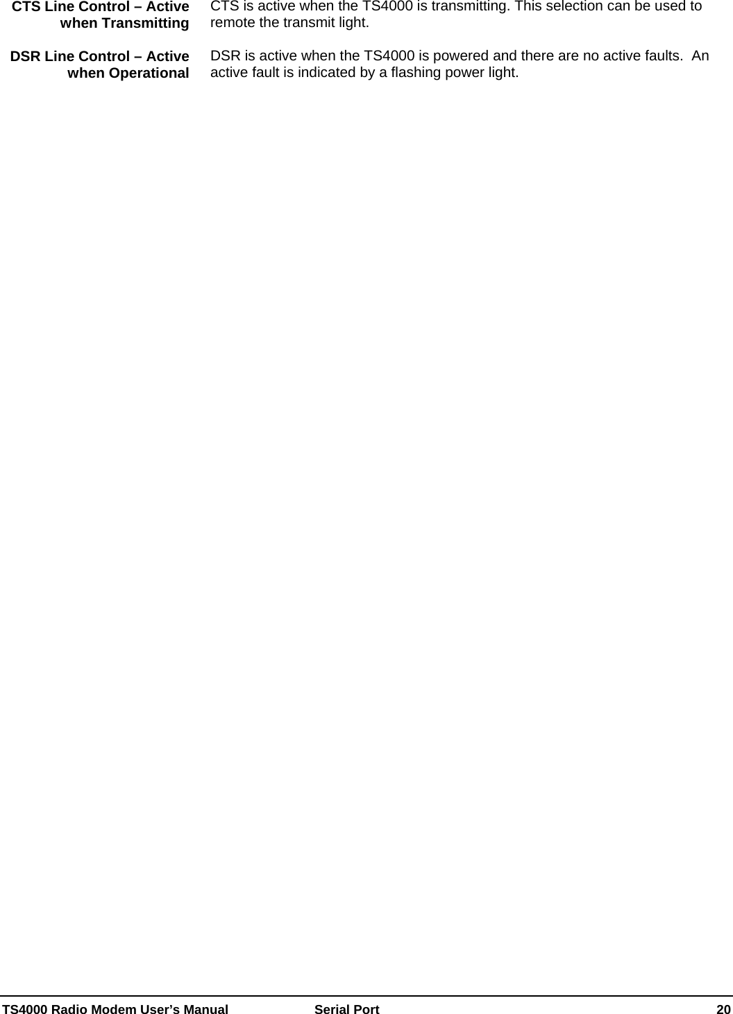 TS4000 Radio Modem User’s Manual   Serial Port    20 CTS is active when the TS4000 is transmitting. This selection can be used to remote the transmit light.   CTS Line Control – Active when Transmitting DSR is active when the TS4000 is powered and there are no active faults.  An active fault is indicated by a flashing power light.  DSR Line Control – Active when Operational  
