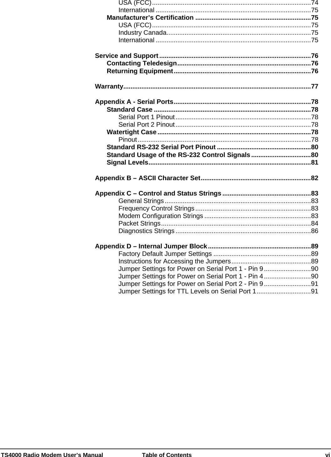 TS4000 Radio Modem User’s Manual   Table of Contents    vi USA (FCC)........................................................................................74 International ......................................................................................75 Manufacturer’s Certification ................................................................75 USA (FCC)........................................................................................75 Industry Canada................................................................................75 International ......................................................................................75 Service and Support....................................................................................76 Contacting Teledesign..........................................................................76 Returning Equipment............................................................................76 Warranty........................................................................................................77 Appendix A - Serial Ports............................................................................78 Standard Case .......................................................................................78 Serial Port 1 Pinout...........................................................................78 Serial Port 2 Pinout...........................................................................78 Watertight Case.....................................................................................78 Pinout................................................................................................78 Standard RS-232 Serial Port Pinout ....................................................80 Standard Usage of the RS-232 Control Signals.................................80 Signal Levels..........................................................................................81 Appendix B – ASCII Character Set.............................................................82 Appendix C – Control and Status Strings.................................................83 General Strings.................................................................................83 Frequency Control Strings................................................................83 Modem Configuration Strings ...........................................................83 Packet Strings...................................................................................84 Diagnostics Strings ...........................................................................86 Appendix D – Internal Jumper Block.........................................................89 Factory Default Jumper Settings ......................................................89 Instructions for Accessing the Jumpers............................................89 Jumper Settings for Power on Serial Port 1 - Pin 9..........................90 Jumper Settings for Power on Serial Port 1 - Pin 4..........................90 Jumper Settings for Power on Serial Port 2 - Pin 9..........................91 Jumper Settings for TTL Levels on Serial Port 1..............................91  