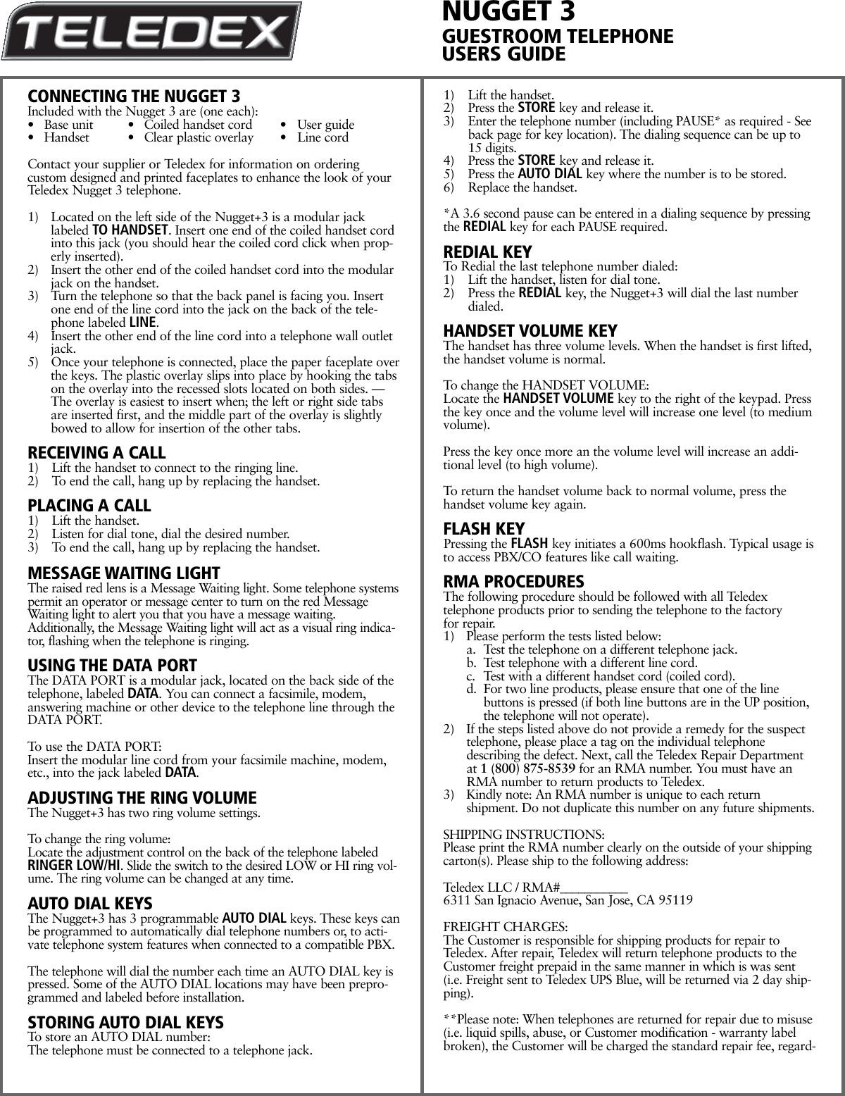 Page 1 of 2 - Teledex Teledex-Cell-Phone-Nugget3-Users-Manual- P#_605_0320_03A Teledex-cell-phone-nugget3-users-manual