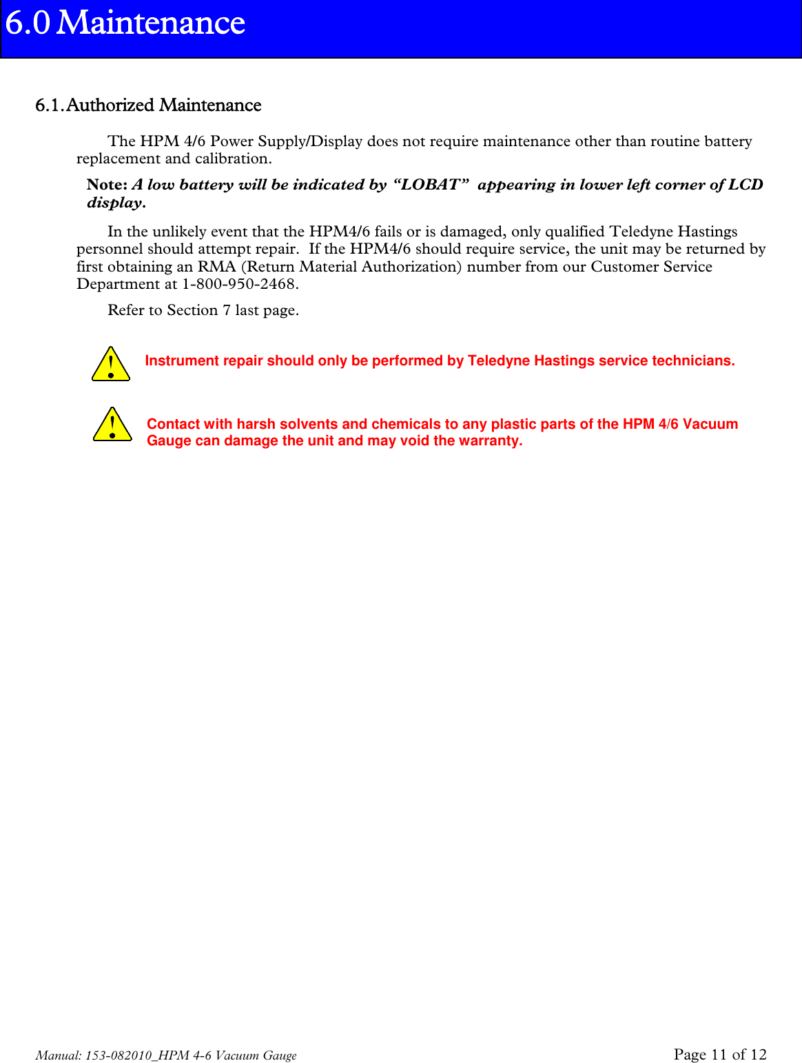 Page 11 of 12 - Teledyne Teledyne-Marine-Instruments-Hpm-4-6-Users-Manual 153-082010_HPM 4-6 Vacuum Gauge Manual