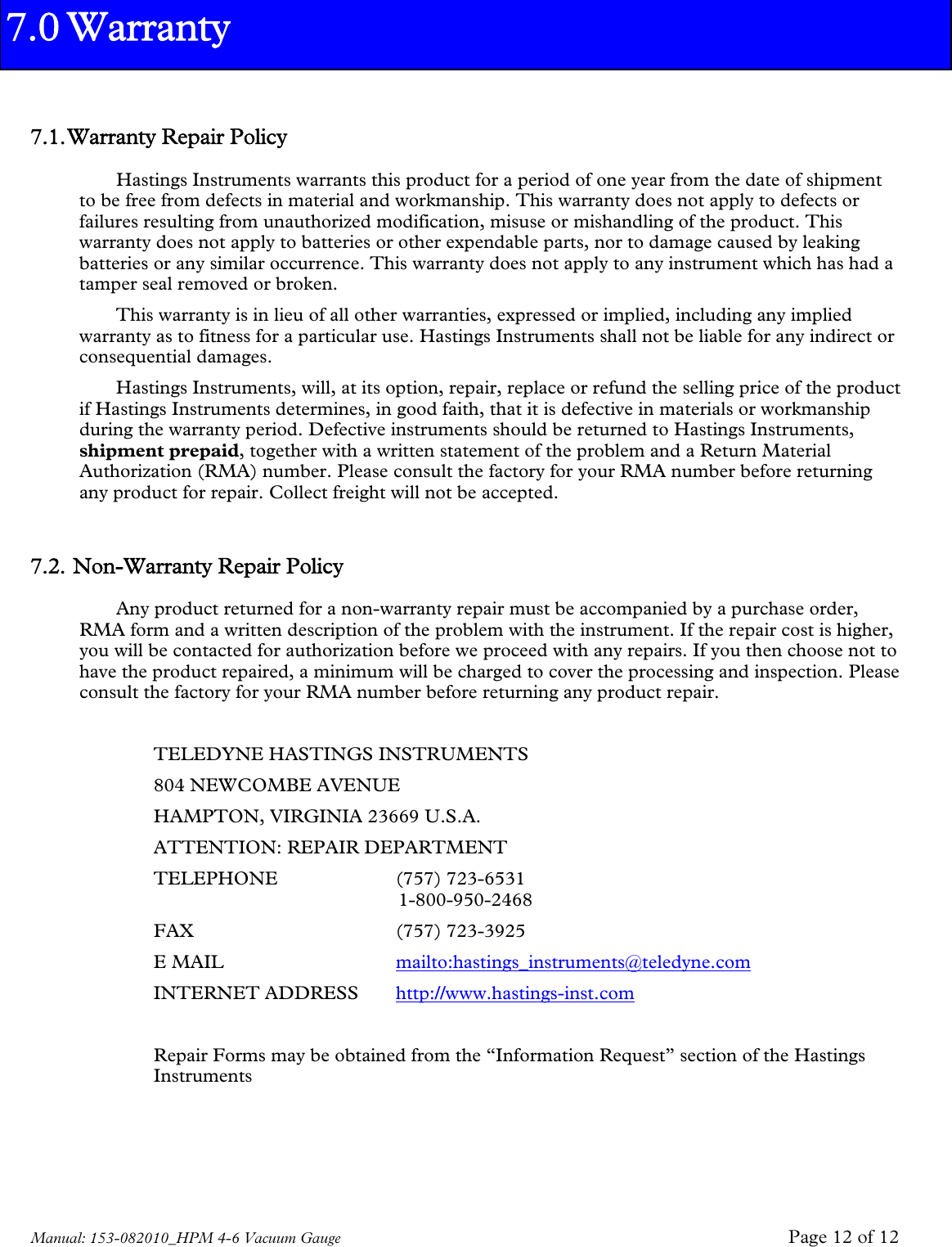 Page 12 of 12 - Teledyne Teledyne-Marine-Instruments-Hpm-4-6-Users-Manual 153-082010_HPM 4-6 Vacuum Gauge Manual