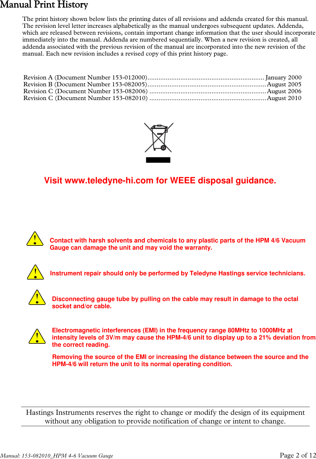 Page 2 of 12 - Teledyne Teledyne-Marine-Instruments-Hpm-4-6-Users-Manual 153-082010_HPM 4-6 Vacuum Gauge Manual