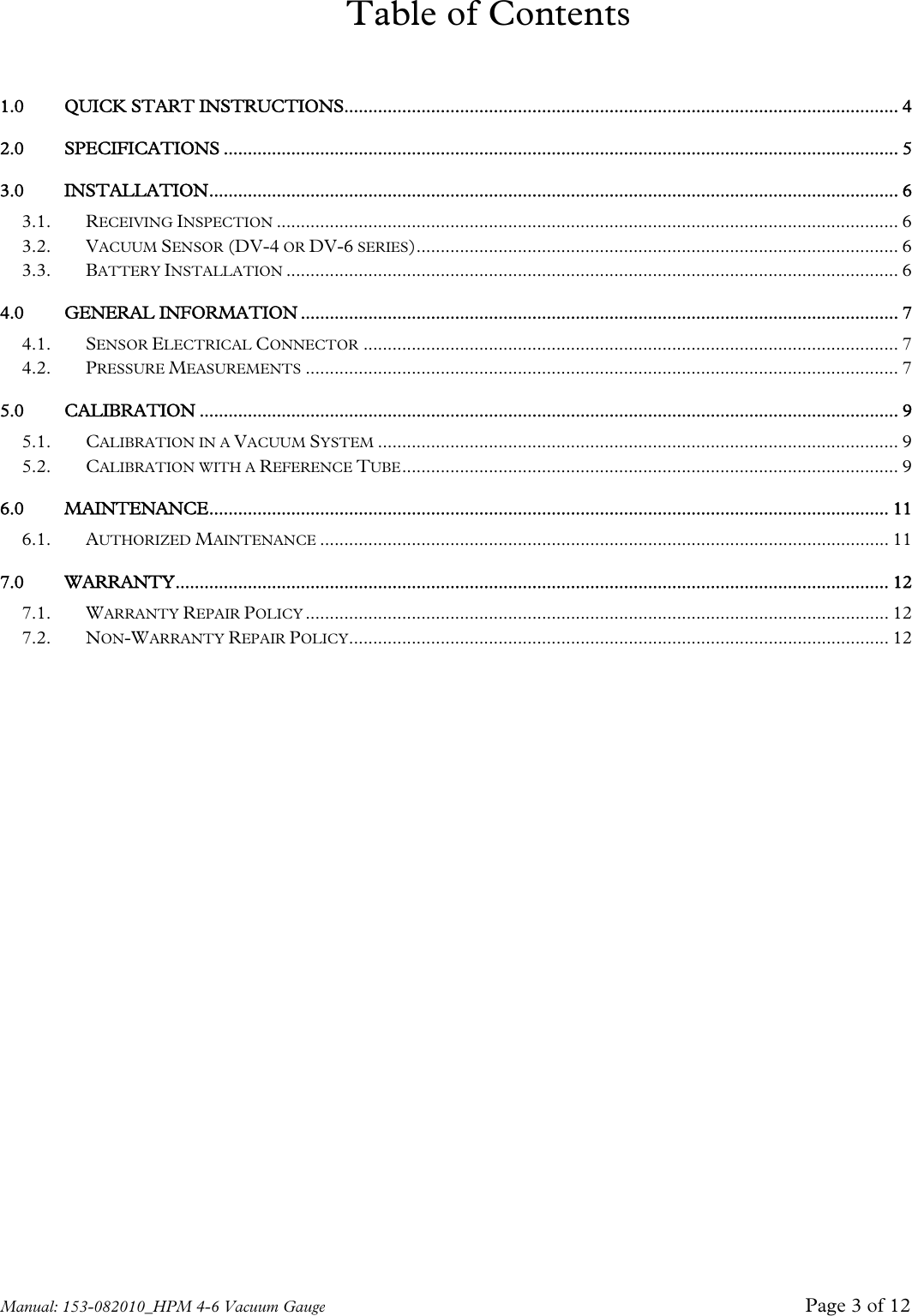 Page 3 of 12 - Teledyne Teledyne-Marine-Instruments-Hpm-4-6-Users-Manual 153-082010_HPM 4-6 Vacuum Gauge Manual