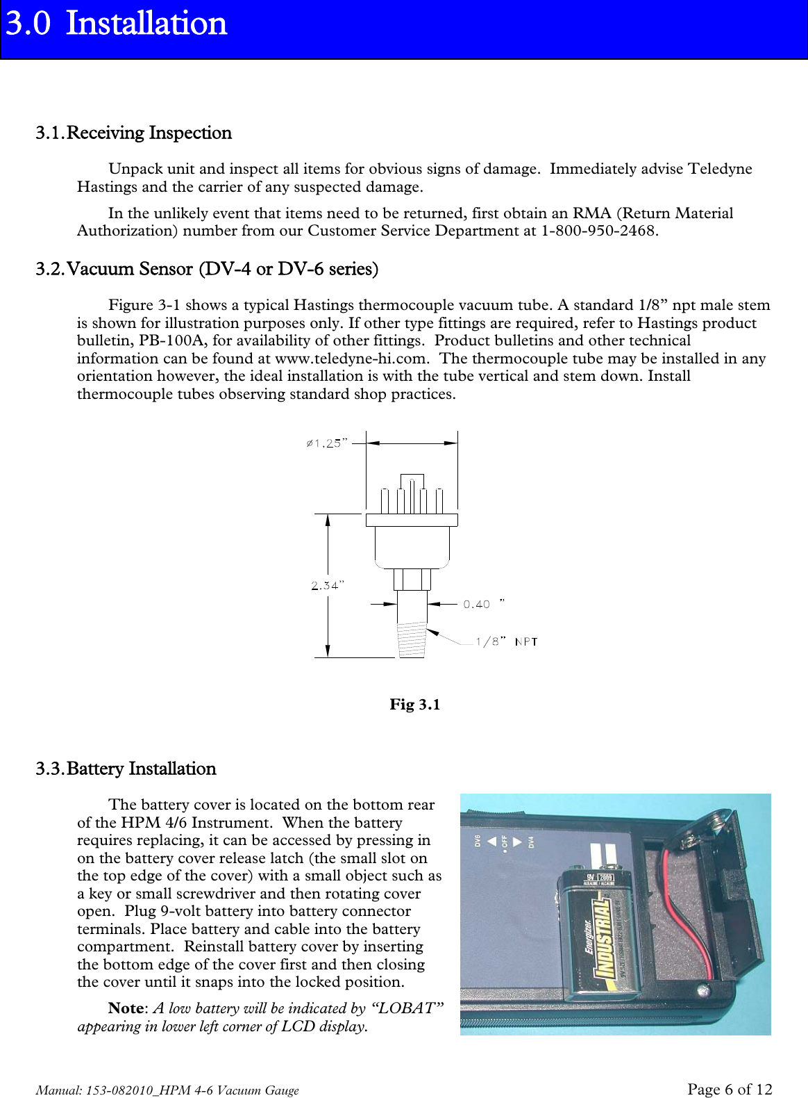 Page 6 of 12 - Teledyne Teledyne-Marine-Instruments-Hpm-4-6-Users-Manual 153-082010_HPM 4-6 Vacuum Gauge Manual