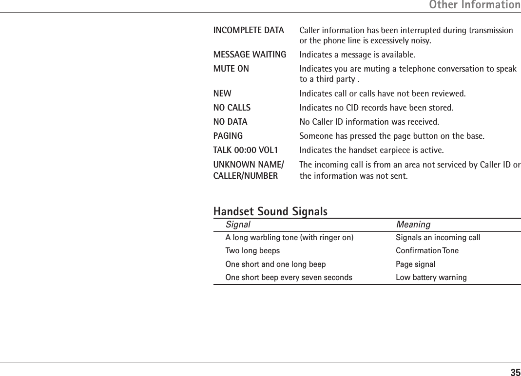 35INCOMPLETE DATA  Caller information has been interrupted during transmission or the phone line is excessively noisy.MESSAGE WAITING  Indicates a message is available.MUTE ON   Indicates you are muting a telephone conversation to speak to a third party .NEW  Indicates call or calls have not been reviewed.NO CALLS  Indicates no CID records have been stored.NO DATA  No Caller ID information was received.PAGING  Someone has pressed the page button on the base.TALK 00:00 VOL1   Indicates the handset earpiece is active.UNKNOWN NAME/  The incoming call is from an area not serviced by Caller ID orCALLER/NUMBER  the information was not sent.Handset Sound SignalsSignal  MeaningA long warbling tone (with ringer on)  Signals an incoming call Two long beeps  Conﬁrmation ToneOne short and one long beep  Page signalOne short beep every seven seconds  Low battery warningOther Information