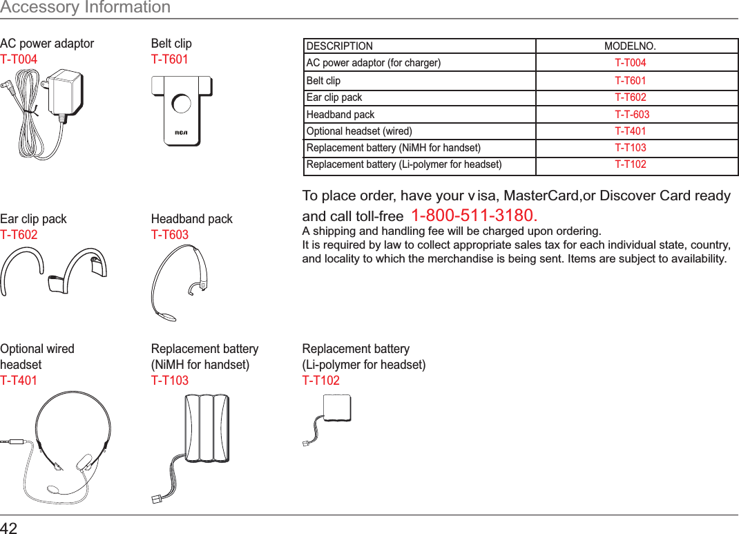 42DESCRIPTION MODELNO.AC power adaptor (for charger)T-T004Belt clip T-T601Ear clip pack T-T602Headband pack T-T-603Optional headset (wired)T-T401Replacement battery (NiMH for handset)T-T103Replacement battery (Li-polymer for headset)T-T102AC power adaptorT-T004Accessory InformationTo place order, have your v isa, MasterCard,or Discover Card readyand call toll-free 1-800-511-3180.A shipping and handling fee will be charged upon ordering.It is required by law to collect appropriate sales tax for each individual state, country,and locality to which the merchandise is being sent. Items are subject to availability.Belt clipT-T601Ear clip packT-T602Headband packT-T603Optional wired headsetT-T401Replacement battery(NiMH for handset)T-T103Replacement battery(Li-polymer for headset)T-T102