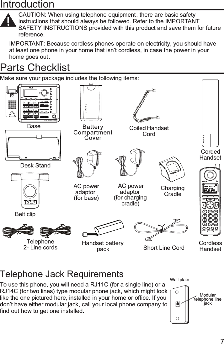 IntroductionCAUTION: When using telephone equipment, there are basic safety instructions that should always be followed. Refer to the IMPORTANT SAFETY INSTRUCTIONS provided with this product and save them for future reference.IMPORTANT: Because cordless phones operate on electricity, you should have at least one phone in your home that isn’t cordless, in case the power in your home goes out.Handset battery packTelephone  2- Line cordsAC power  adaptor  (for base)Desk StandParts ChecklistMake sure your package includes the following items:Short Line CordCoiled Handset CordCharging CradleTelephone Jack RequirementsTo use this phone, you will need a RJ11C (for a single line) or a RJ14C (for two lines) type modular phone jack, which might look like the one pictured here, installed in your home or office. If you don’t have either modular jack, call your local phone company to find out how to get one installed.Modular  telephone line jackWall plateAC power  adaptor  (for charging cradle) Base BatteryCompartmentCoverBelt clipLINE1 LINE2L1PLAYCorded  HandsetCordless  Handset7