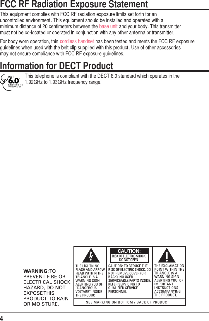 4 FCC RF Radiation Exposure StatementInformation for DECT Productbase unitcordless handset